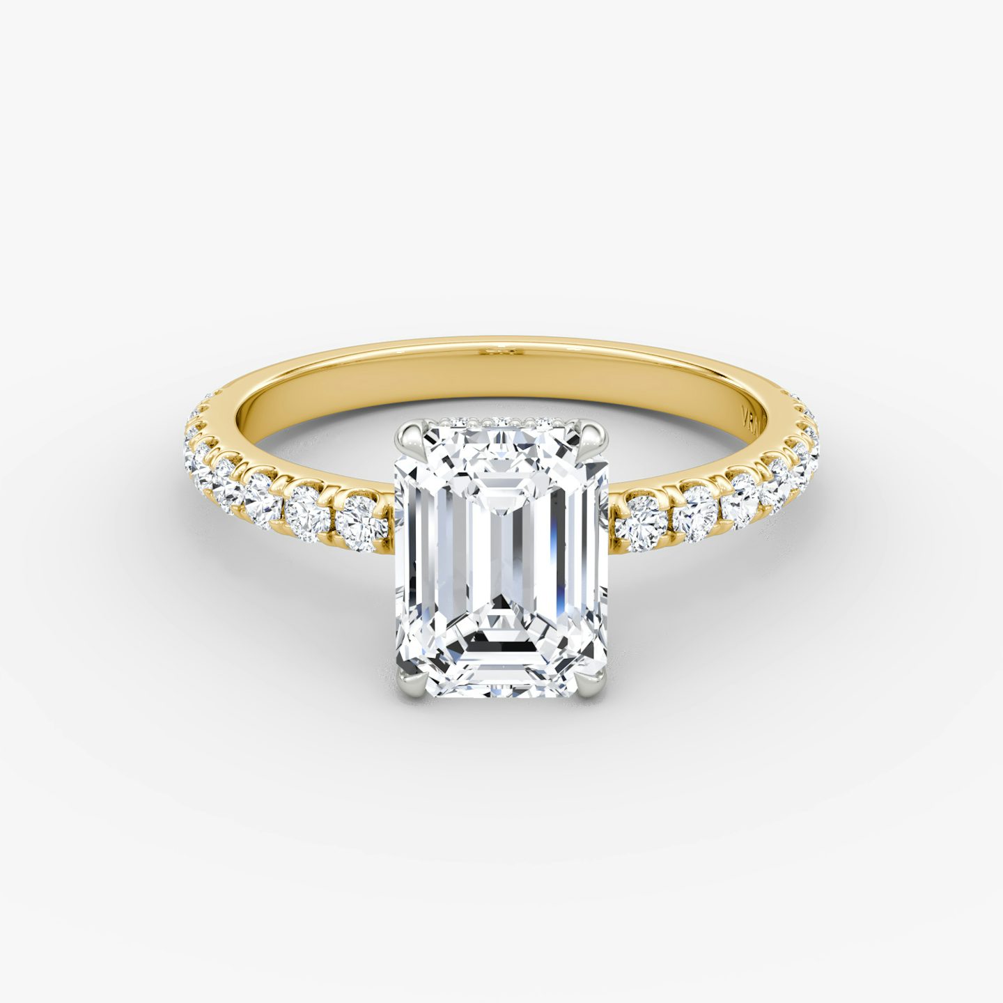 The Signature | Emerald | 18k | Yellow Gold and Platinum | bandAccent: Pavé | bandWidth: large | hiddenHalo: yes | diamondOrientation: vertical | caratWeight: other