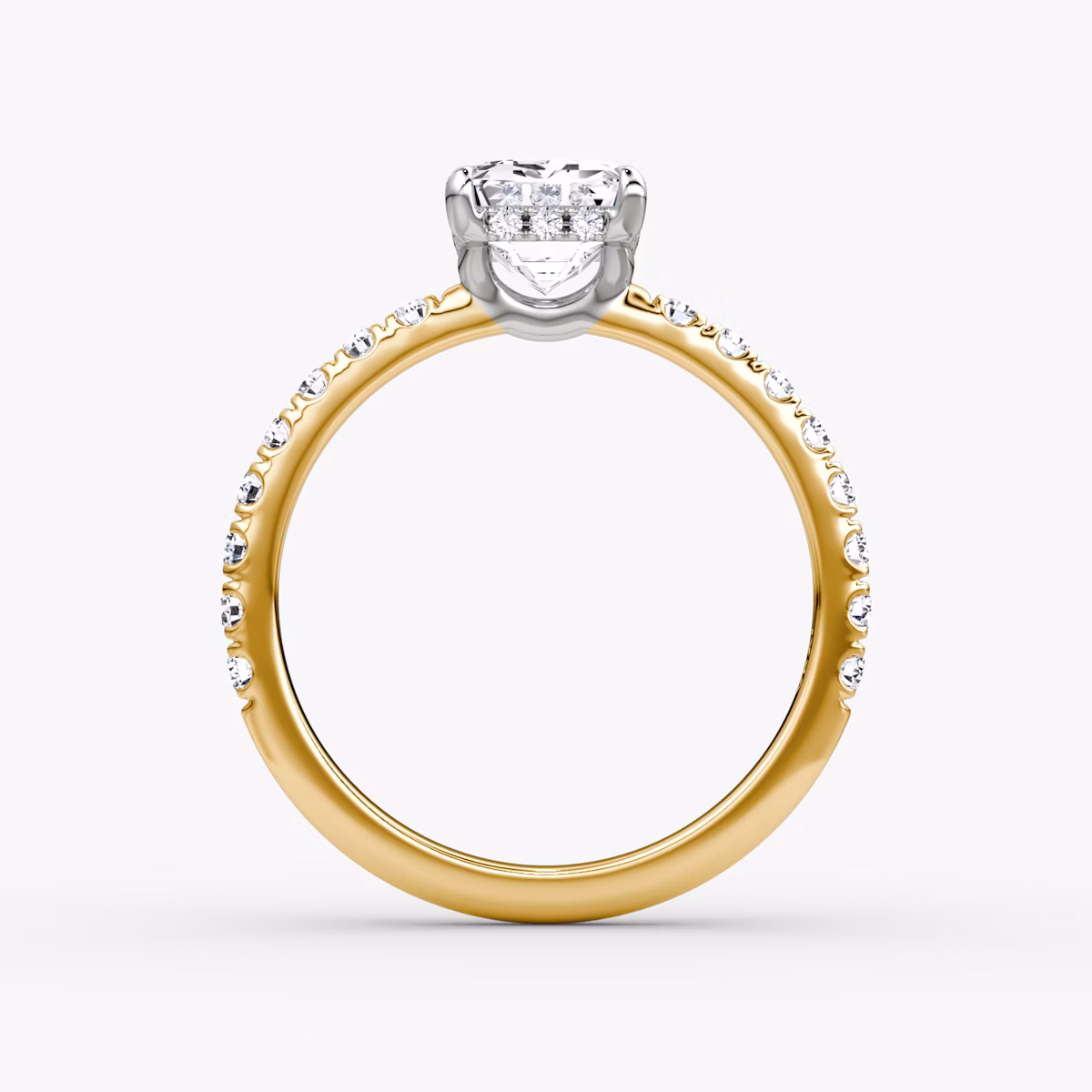 The Signature | Emerald | 18k | Yellow Gold and Platinum | bandAccent: Pavé | bandWidth: large | hiddenHalo: yes | diamondOrientation: vertical | caratWeight: other