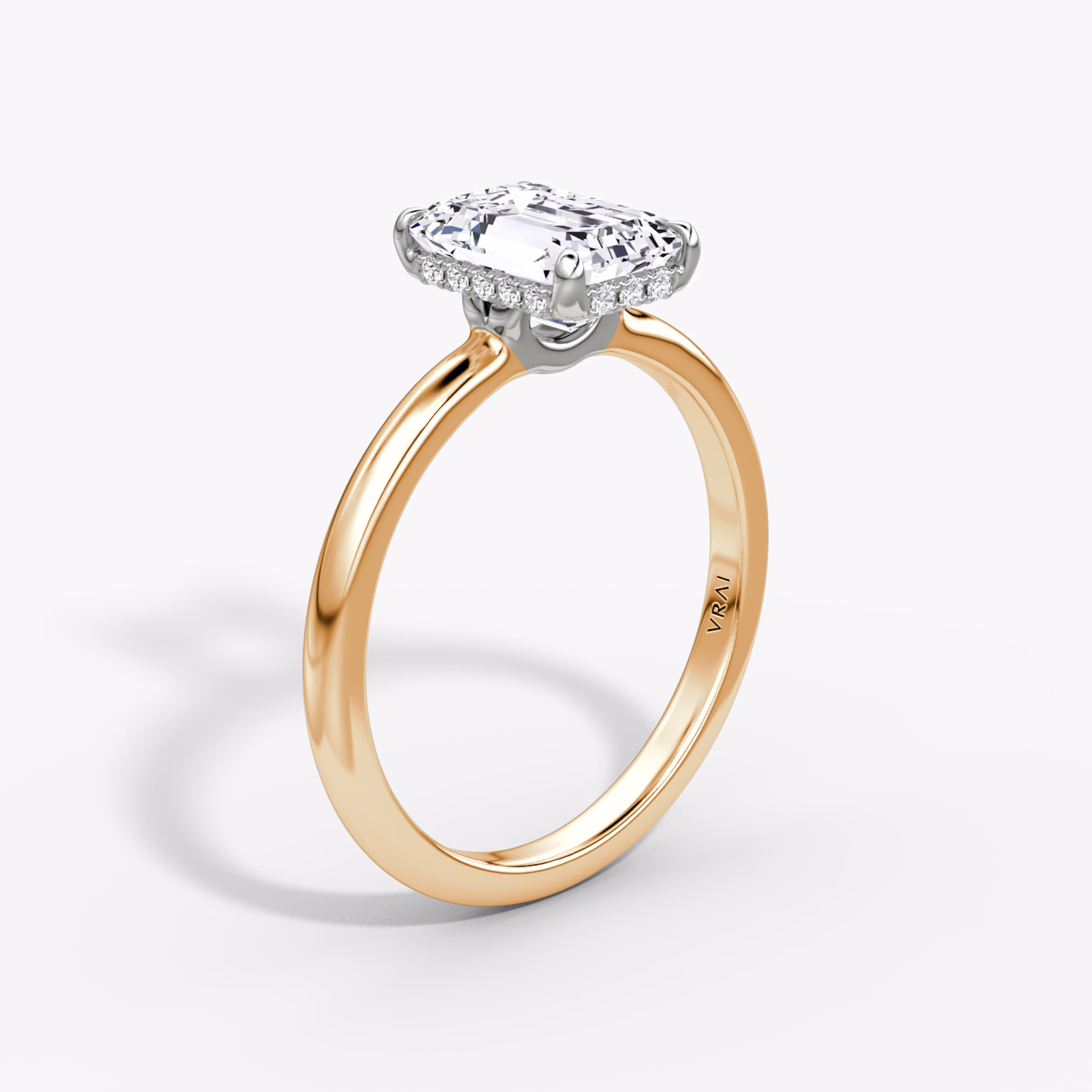 The Signature | Emerald | 14k | Rose Gold and Platinum | bandAccent: Plain | bandWidth: large | hiddenHalo: yes | diamondOrientation: vertical | caratWeight: other