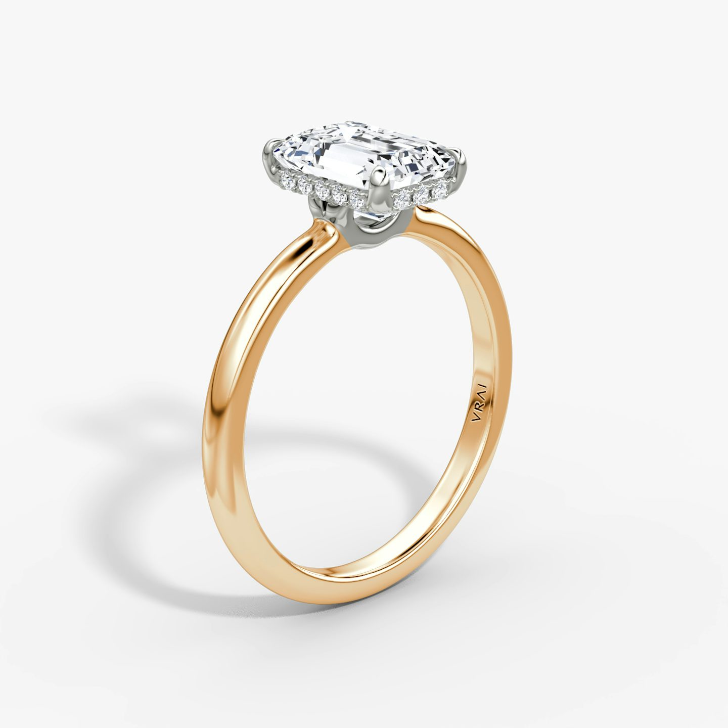 The Signature | Emerald | 14k | Rose Gold and Platinum | bandAccent: Plain | bandWidth: large | hiddenHalo: yes | diamondOrientation: vertical | caratWeight: other