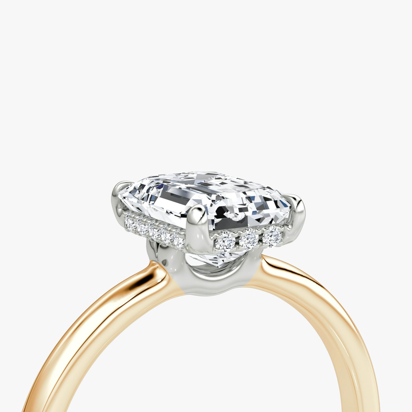 The Signature | Emerald | 14k | Rose Gold and Platinum | bandAccent: Plain | bandWidth: large | hiddenHalo: yes | diamondOrientation: vertical | caratWeight: other