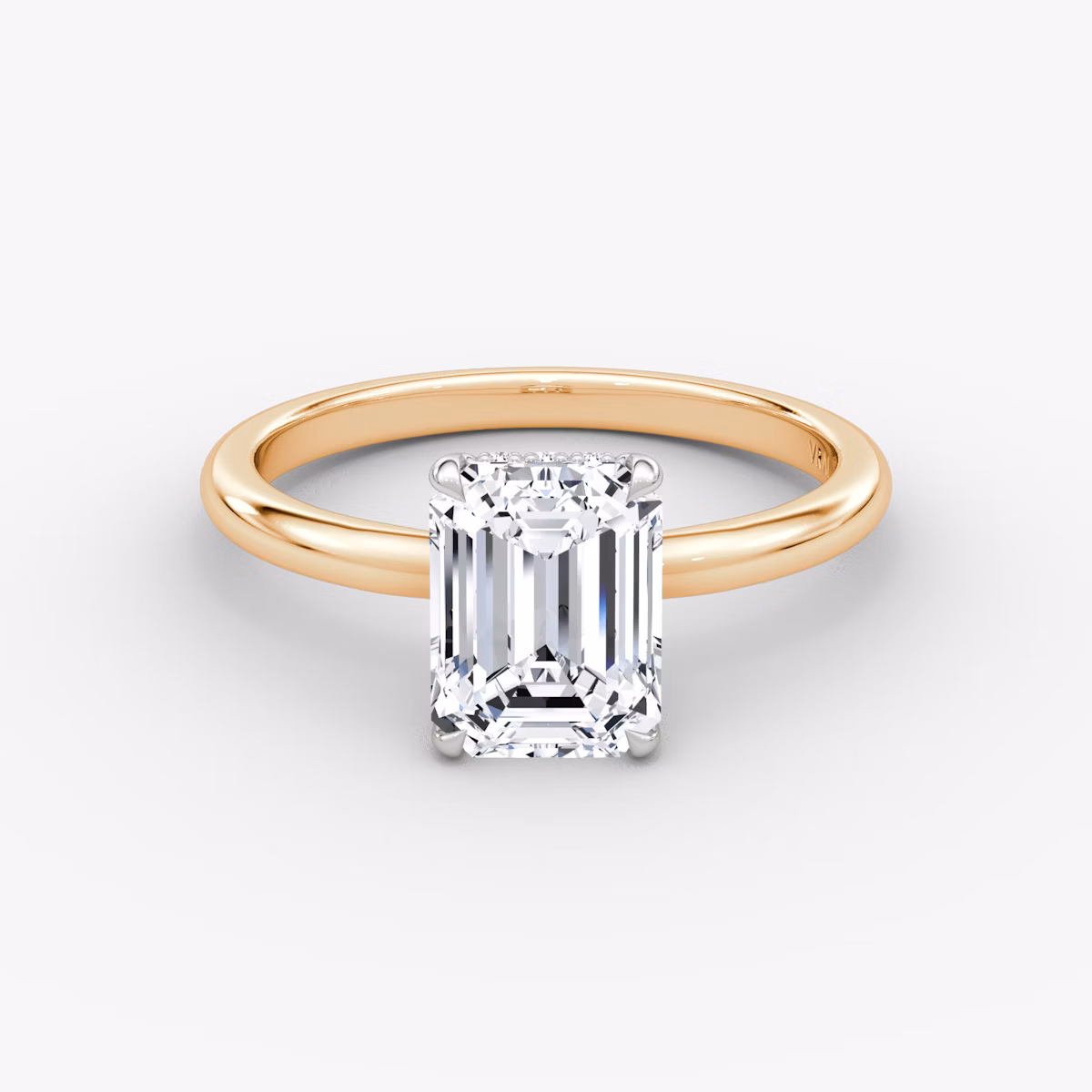 The Signature | Emerald | 14k | Rose Gold and Platinum | bandAccent: Plain | bandWidth: large | hiddenHalo: yes | diamondOrientation: vertical | caratWeight: other