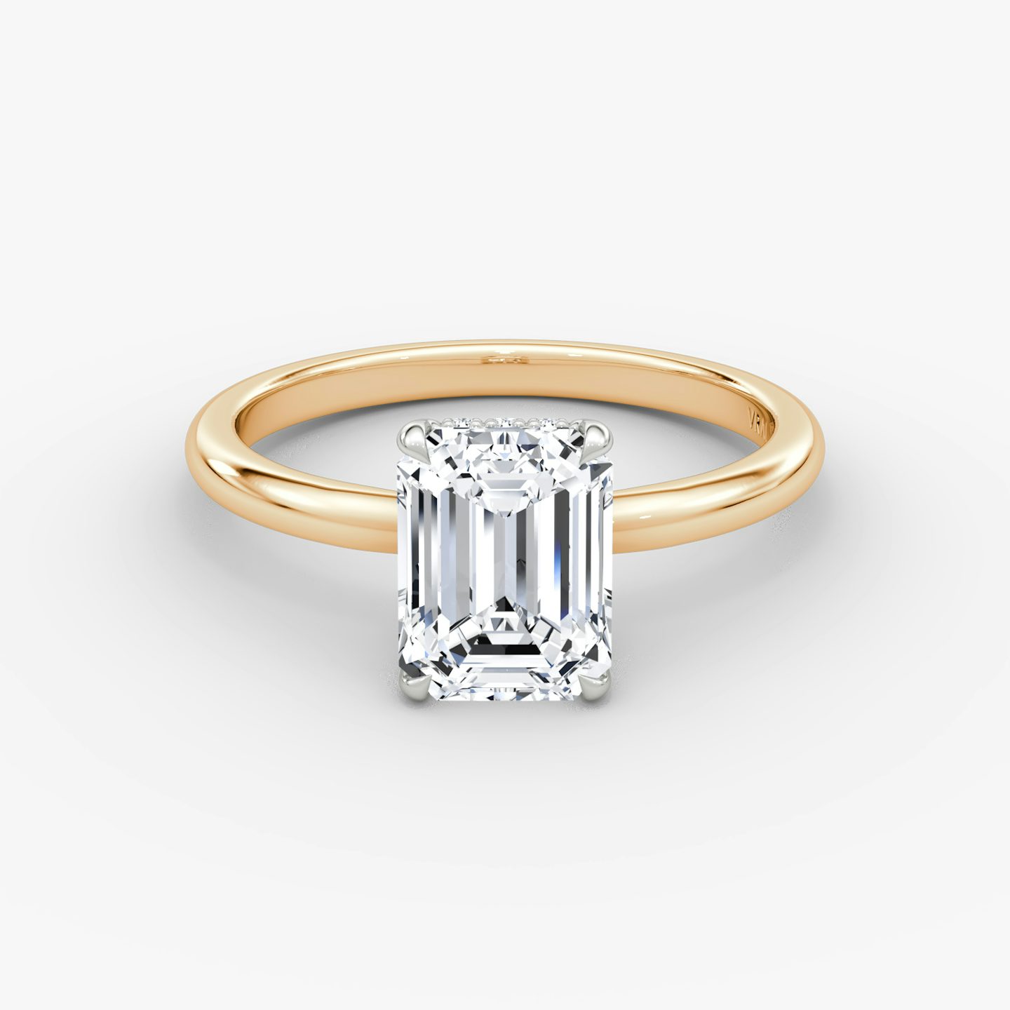 The Signature | Emerald | 14k | Rose Gold and Platinum | bandAccent: Plain | bandWidth: large | hiddenHalo: yes | diamondOrientation: vertical | caratWeight: other