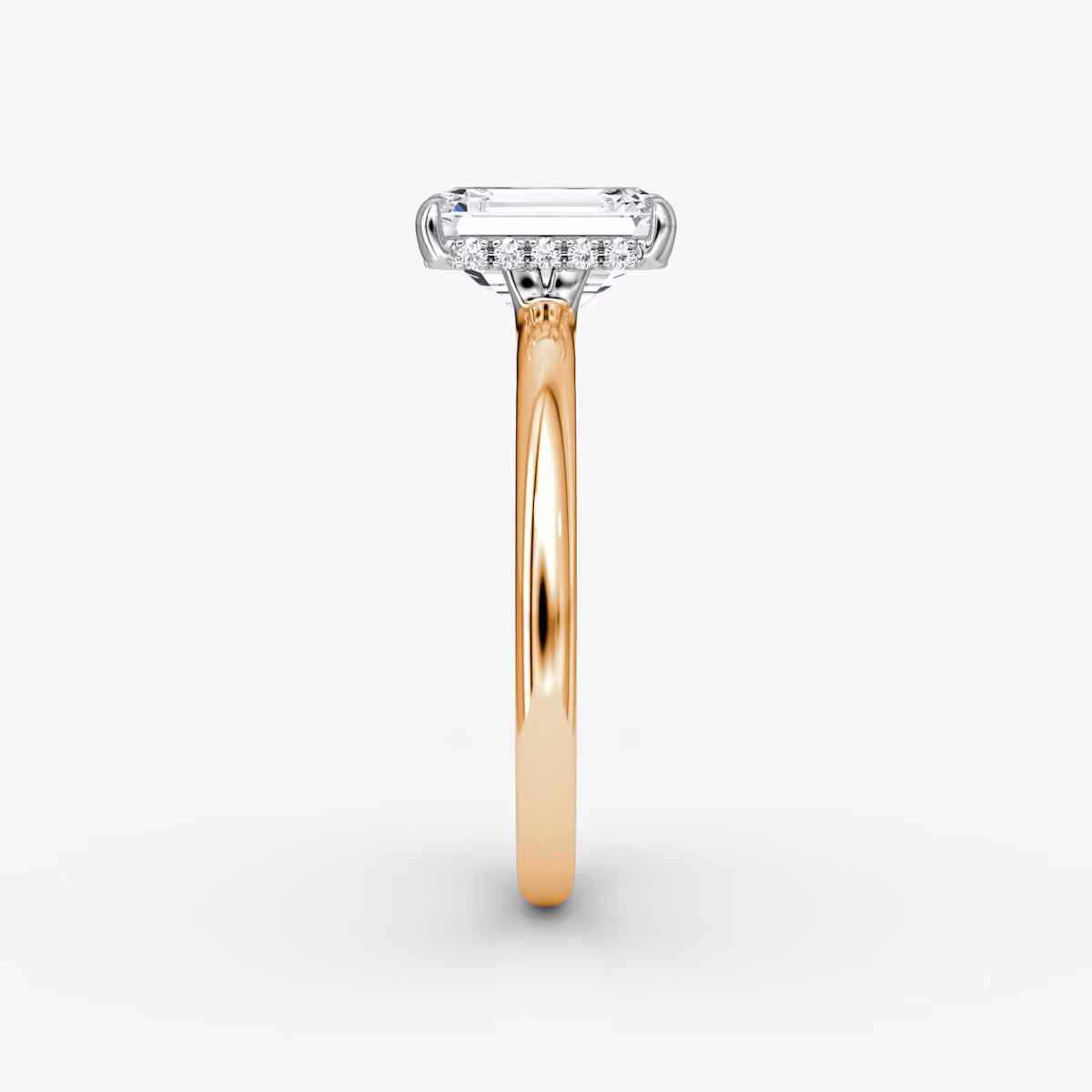The Signature | Emerald | 14k | Rose Gold and Platinum | bandAccent: Plain | bandWidth: large | hiddenHalo: yes | diamondOrientation: vertical | caratWeight: other