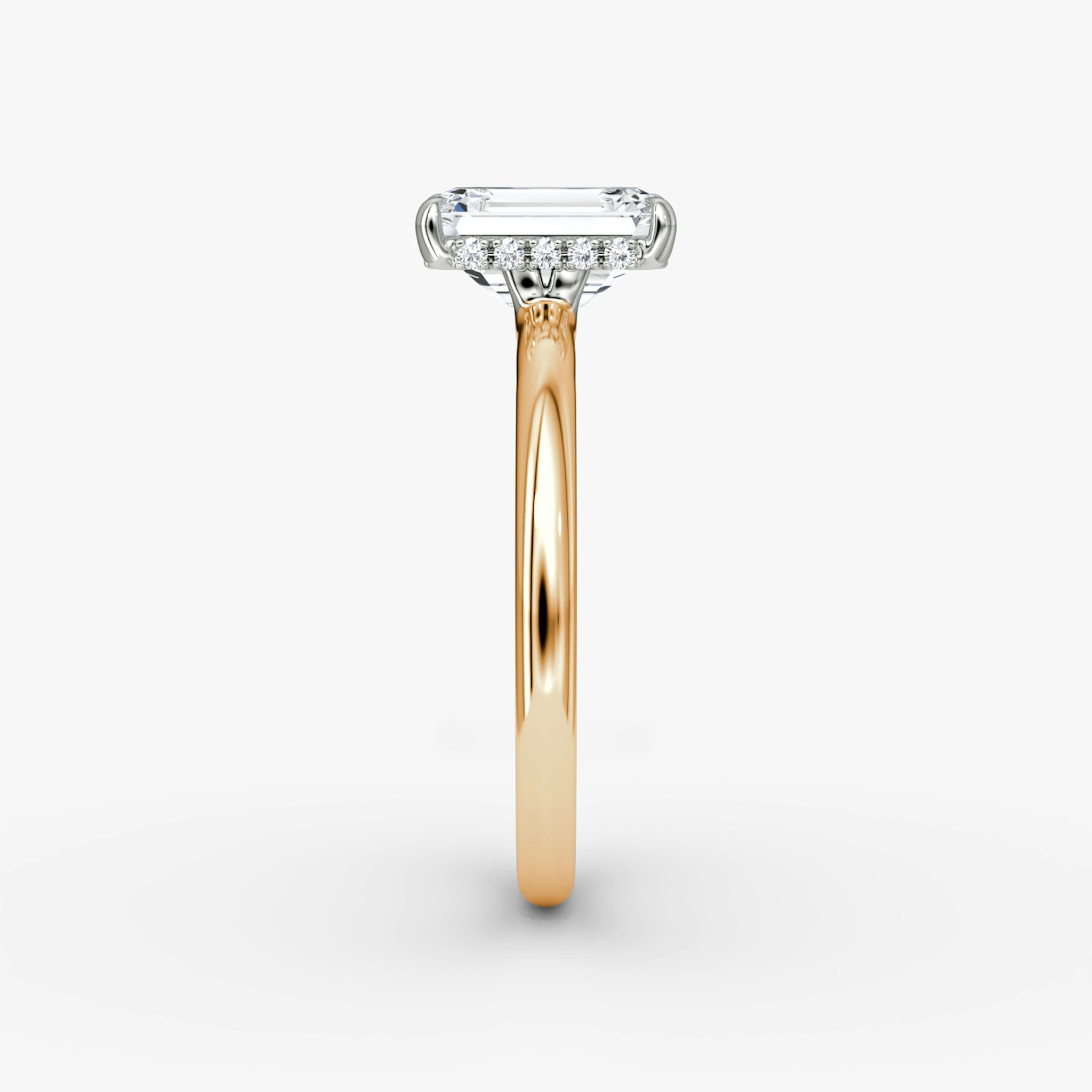 The Signature | Emerald | 14k | Rose Gold and Platinum | bandAccent: Plain | bandWidth: large | hiddenHalo: yes | diamondOrientation: vertical | caratWeight: other