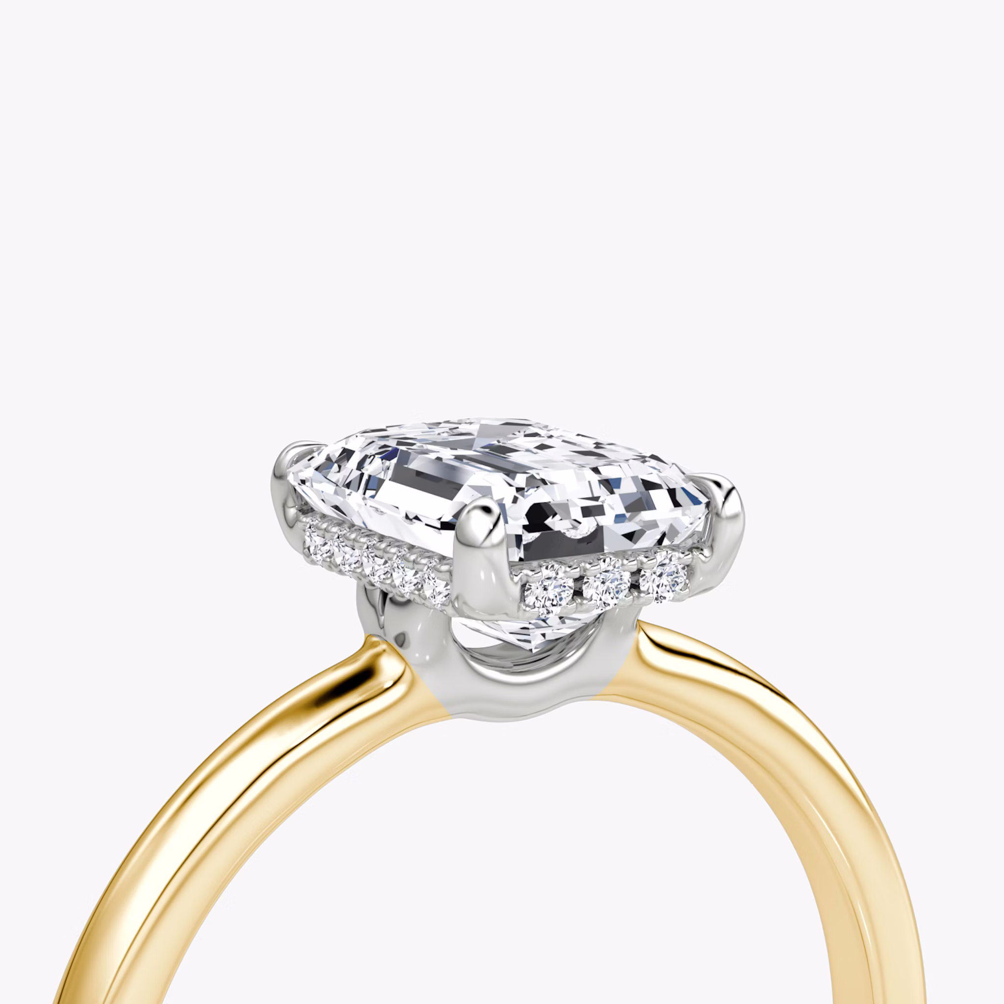 The Signature | Emerald | 18k | Yellow Gold and Platinum | bandAccent: Plain | bandWidth: large | hiddenHalo: yes | diamondOrientation: vertical | caratWeight: other