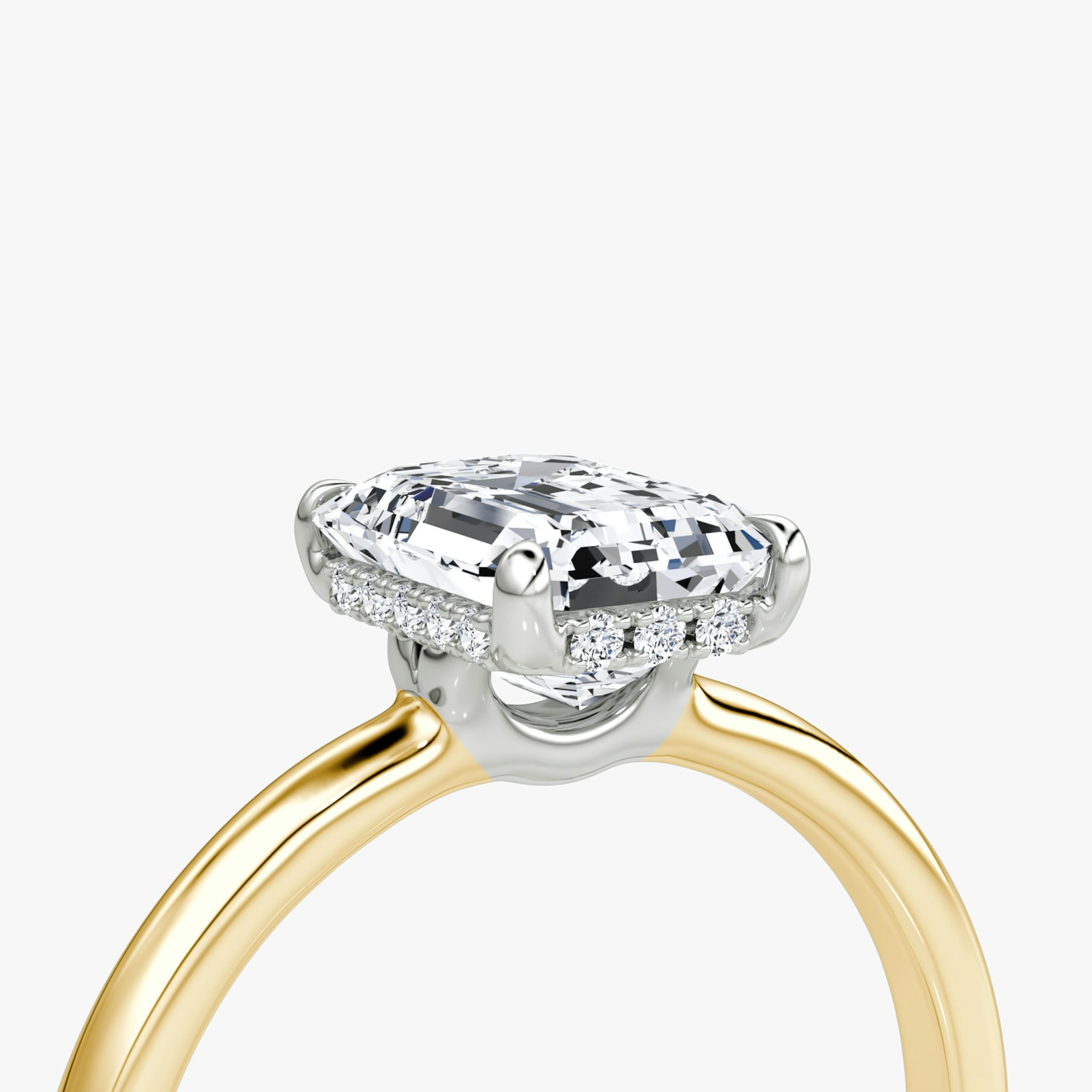 The Signature | Emerald | 18k | Yellow Gold and Platinum | bandAccent: Plain | bandWidth: large | hiddenHalo: yes | diamondOrientation: vertical | caratWeight: other