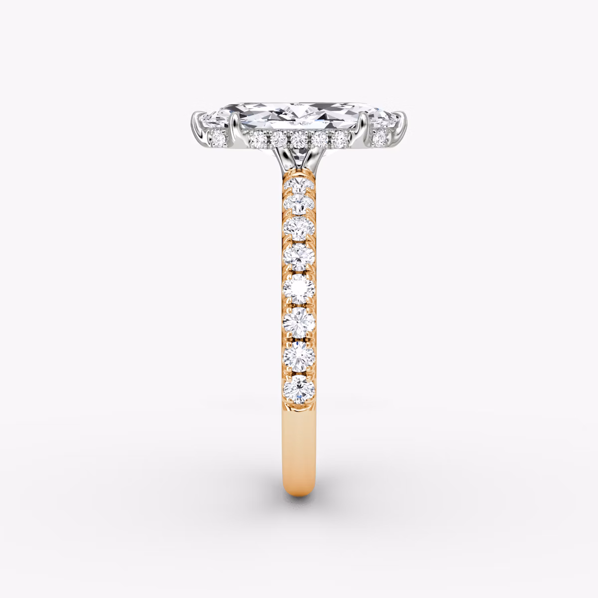 The Signature | Marquise | 14k | Rose Gold and Platinum | bandAccent: Pavé | bandWidth: large | hiddenHalo: yes | diamondOrientation: vertical | caratWeight: other