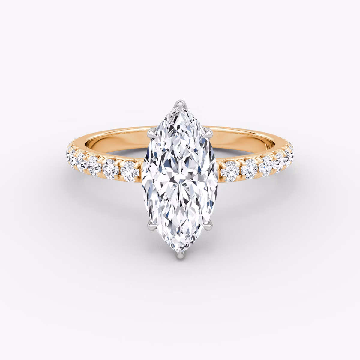 The Signature | Marquise | 14k | Rose Gold and Platinum | bandAccent: Pavé | bandWidth: large | hiddenHalo: yes | diamondOrientation: vertical | caratWeight: other