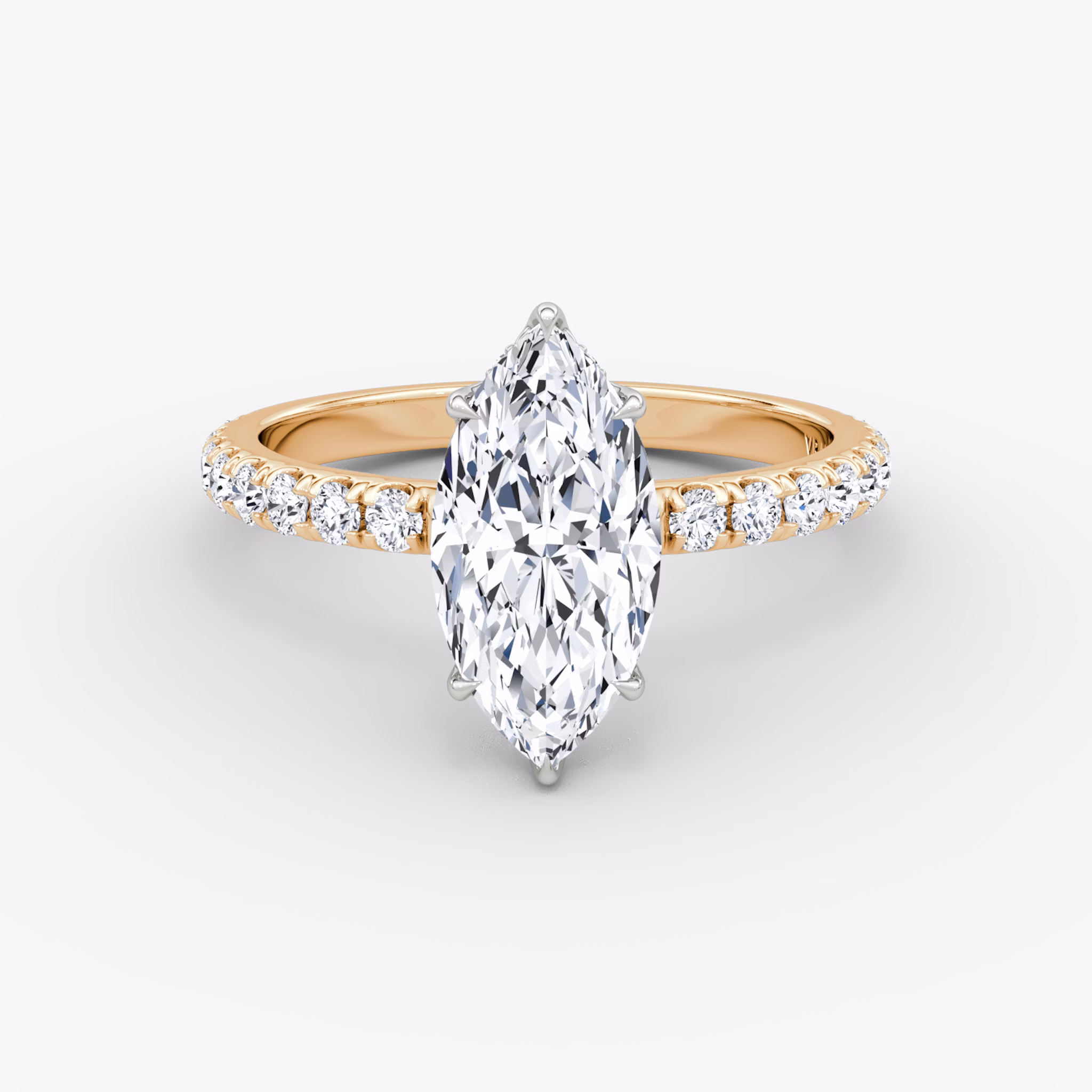 The Signature | Marquise | 14k | Rose Gold and Platinum | bandAccent: Pavé | bandWidth: large | hiddenHalo: yes | diamondOrientation: vertical | caratWeight: other