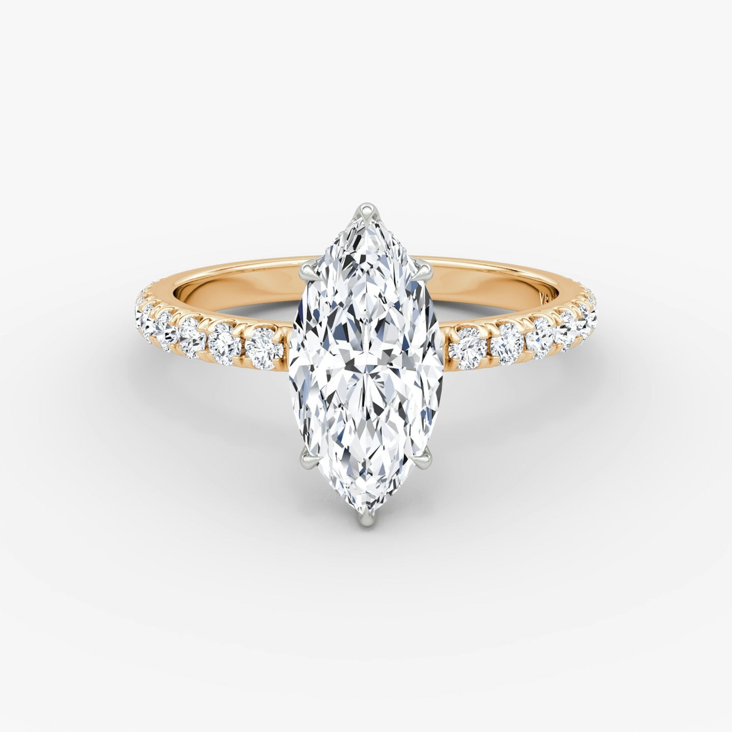 The Signature | Marquise | 14k | Rose Gold and Platinum | bandAccent: Pavé | bandWidth: large | hiddenHalo: yes | diamondOrientation: vertical | caratWeight: other