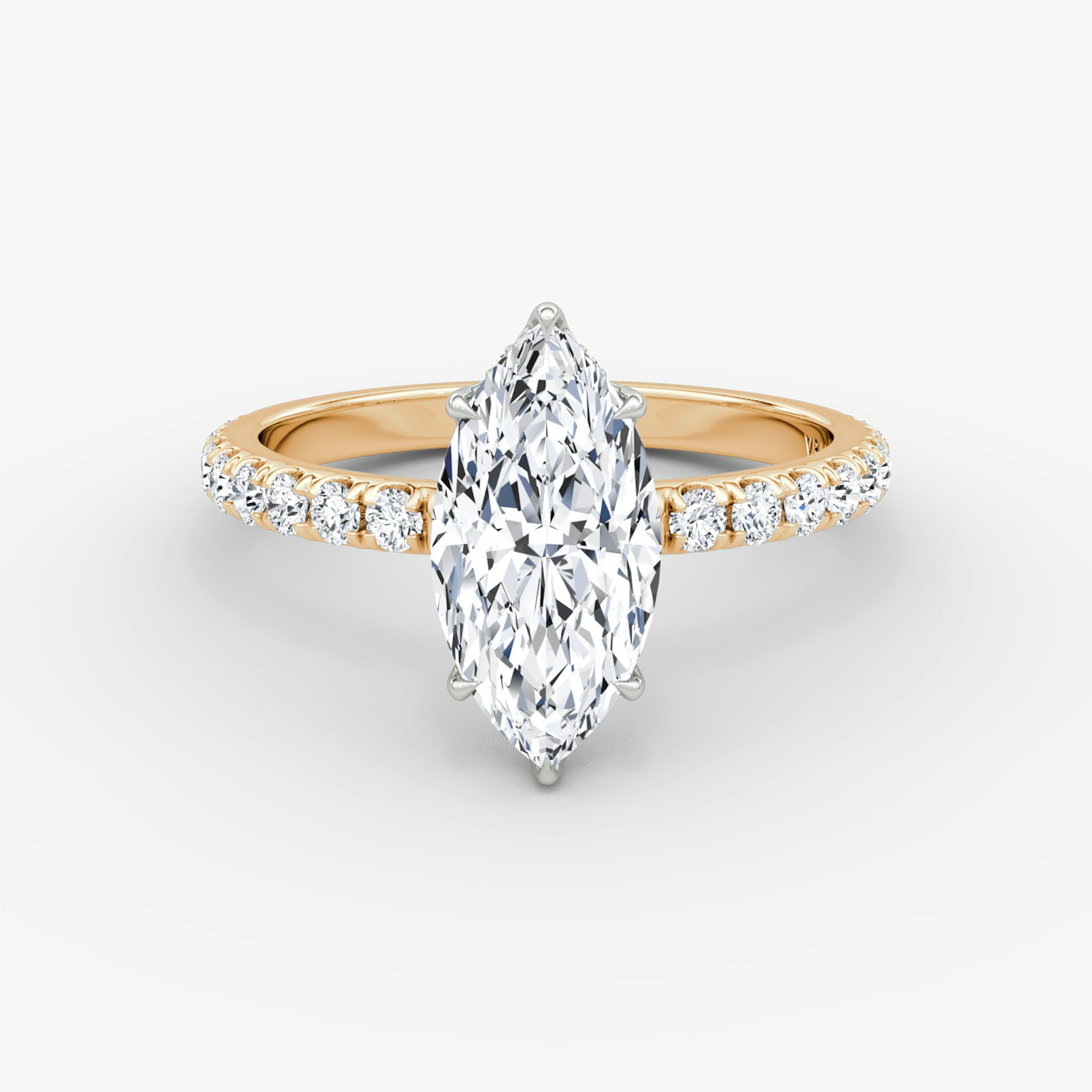 The Signature | Marquise | 14k | Rose Gold and Platinum | bandAccent: Pavé | bandWidth: large | hiddenHalo: yes | diamondOrientation: vertical | caratWeight: other