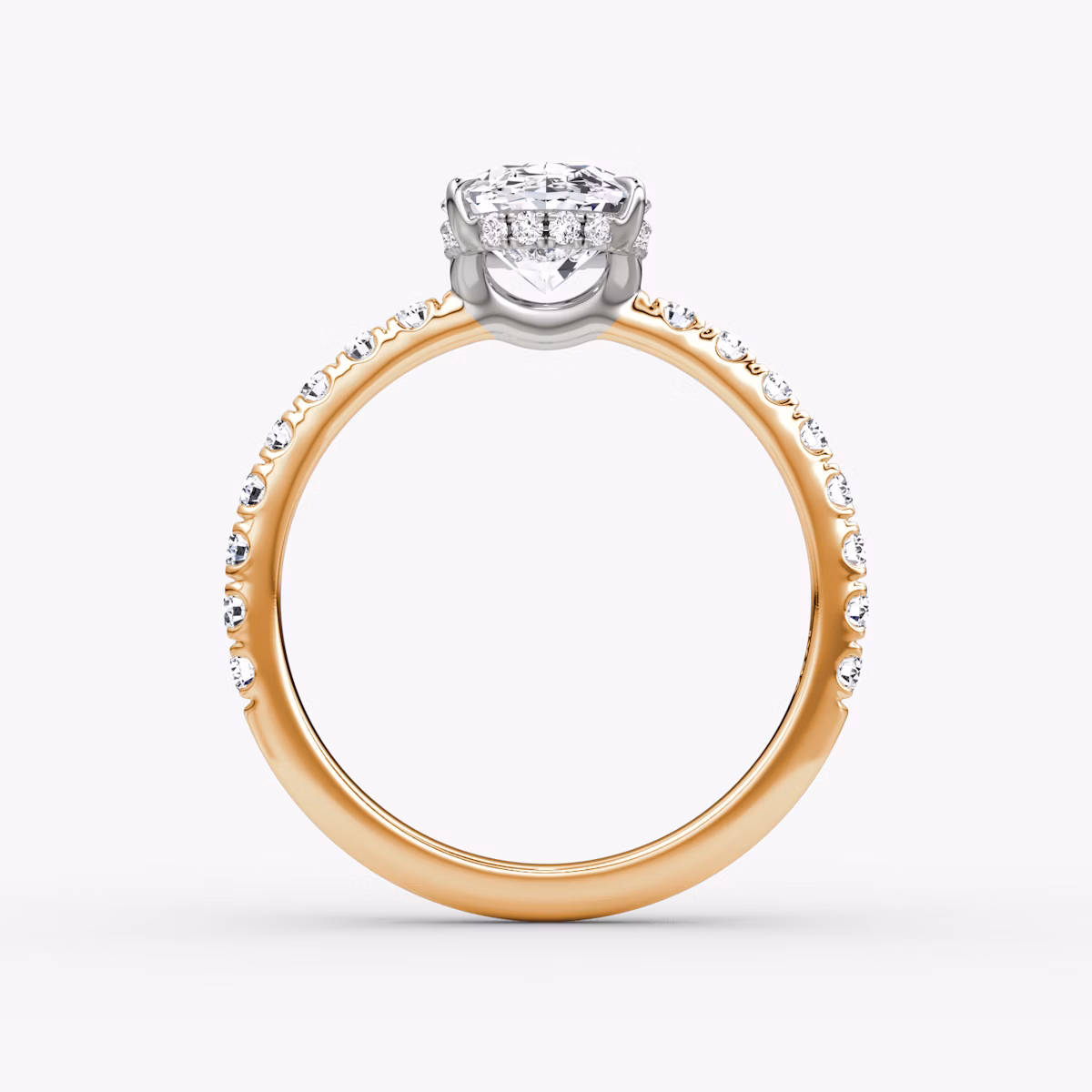 The Signature | Oval | 14k | Rose Gold and Platinum | bandAccent: Pavé | bandWidth: large | hiddenHalo: yes | diamondOrientation: vertical | caratWeight: other