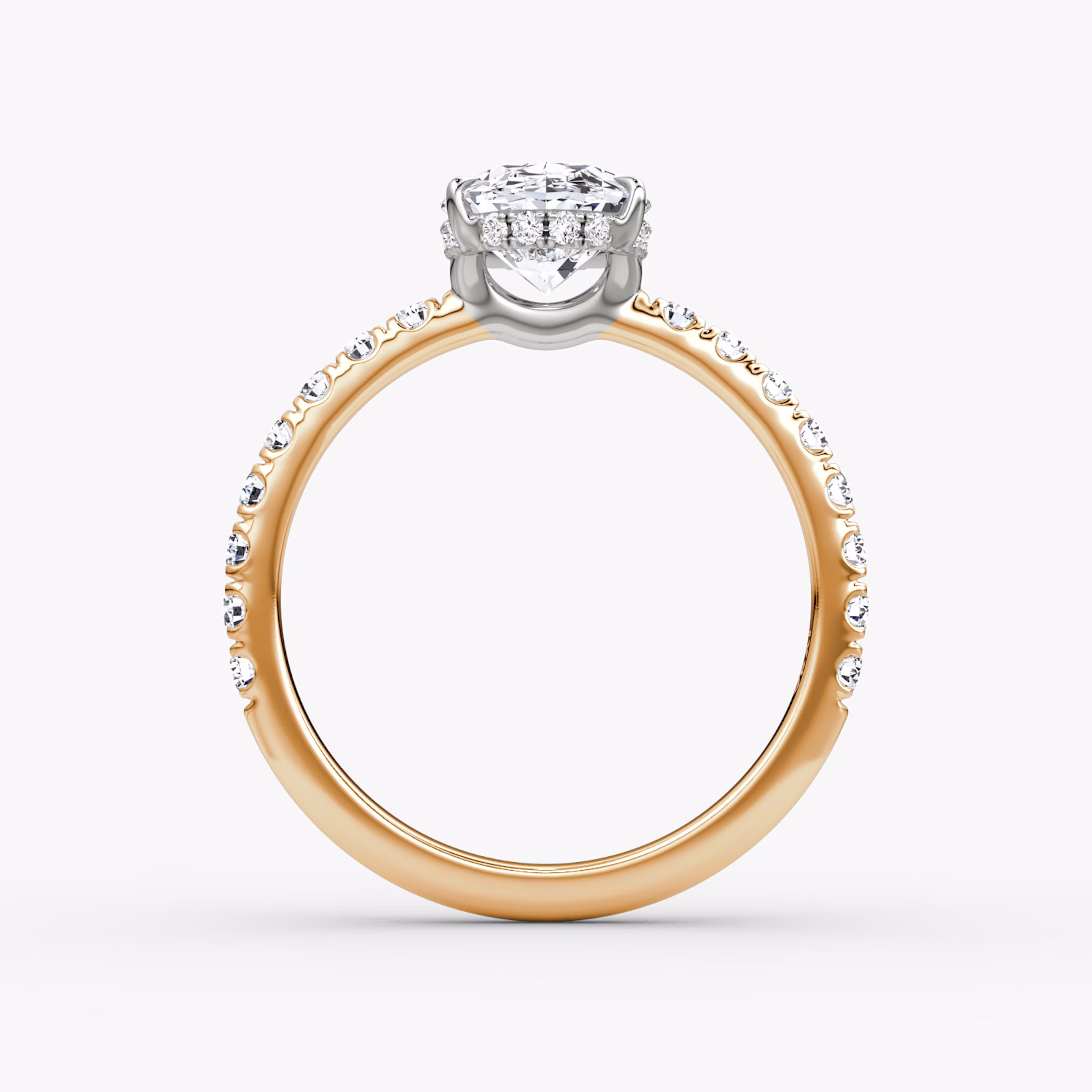 The Signature | Oval | 14k | Rose Gold and Platinum | bandAccent: Pavé | bandWidth: large | hiddenHalo: yes | diamondOrientation: vertical | caratWeight: other