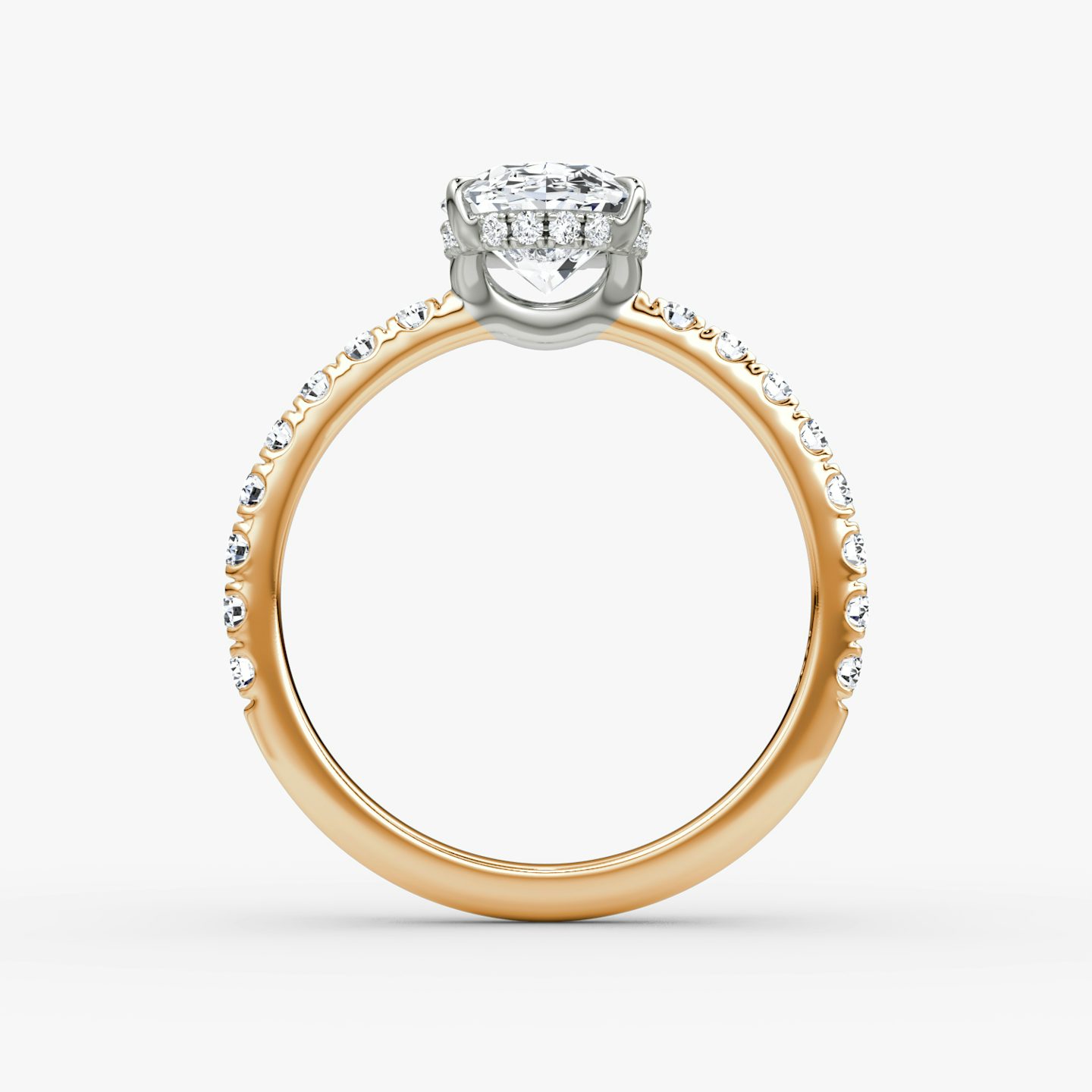 The Signature | Oval | 14k | Rose Gold and Platinum | bandAccent: Pavé | bandWidth: large | hiddenHalo: yes | diamondOrientation: vertical | caratWeight: other