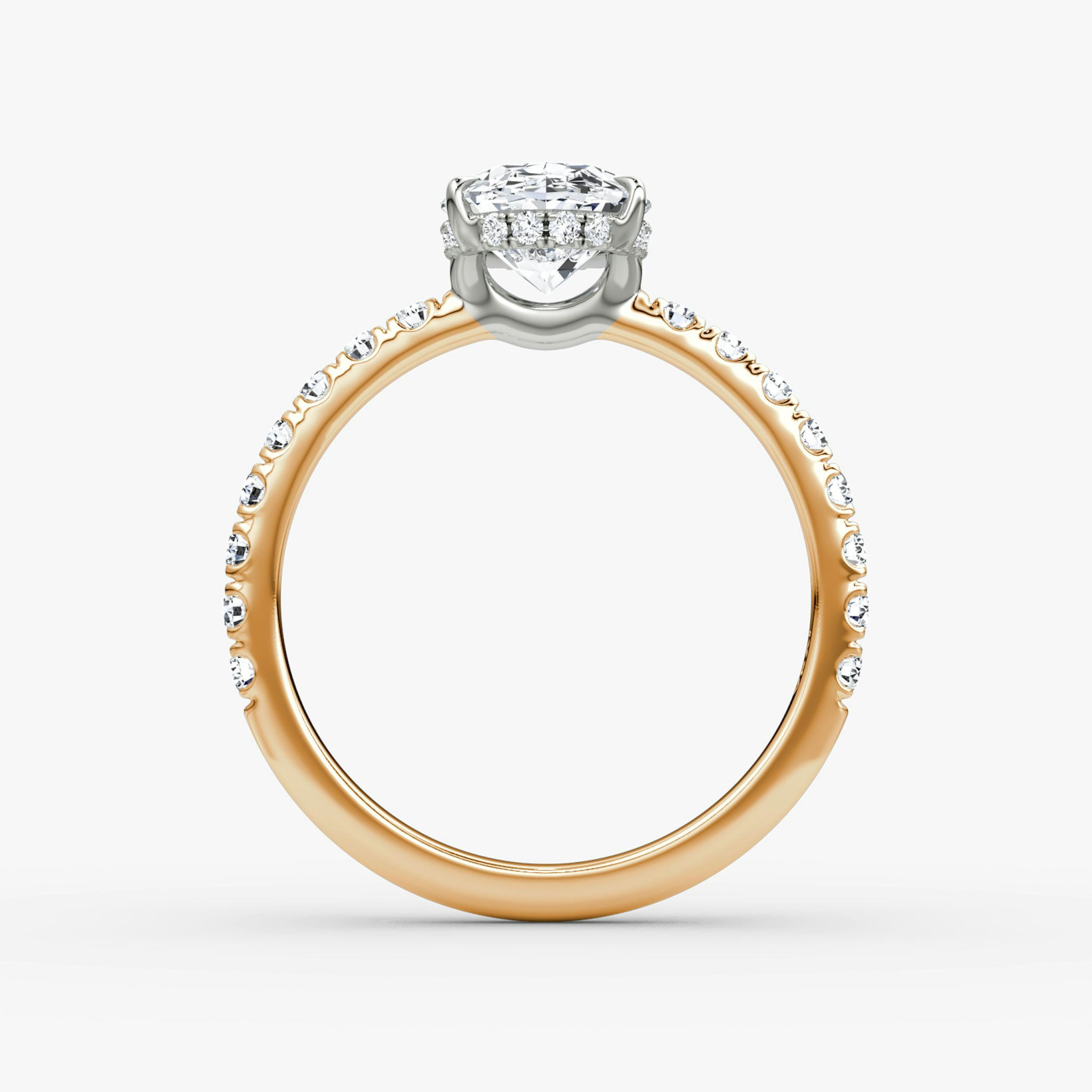 The Signature | Oval | 14k | Rose Gold and Platinum | bandAccent: Pavé | bandWidth: large | hiddenHalo: yes | diamondOrientation: vertical | caratWeight: other