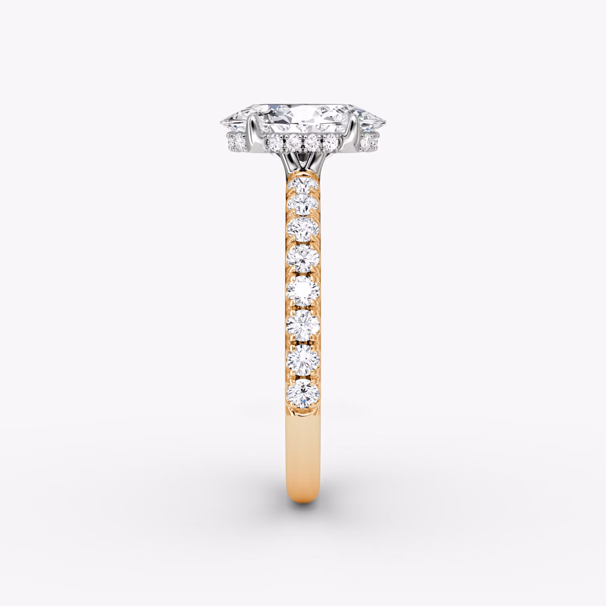 The Signature | Oval | 14k | Rose Gold and Platinum | bandAccent: Pavé | bandWidth: large | hiddenHalo: yes | diamondOrientation: vertical | caratWeight: other