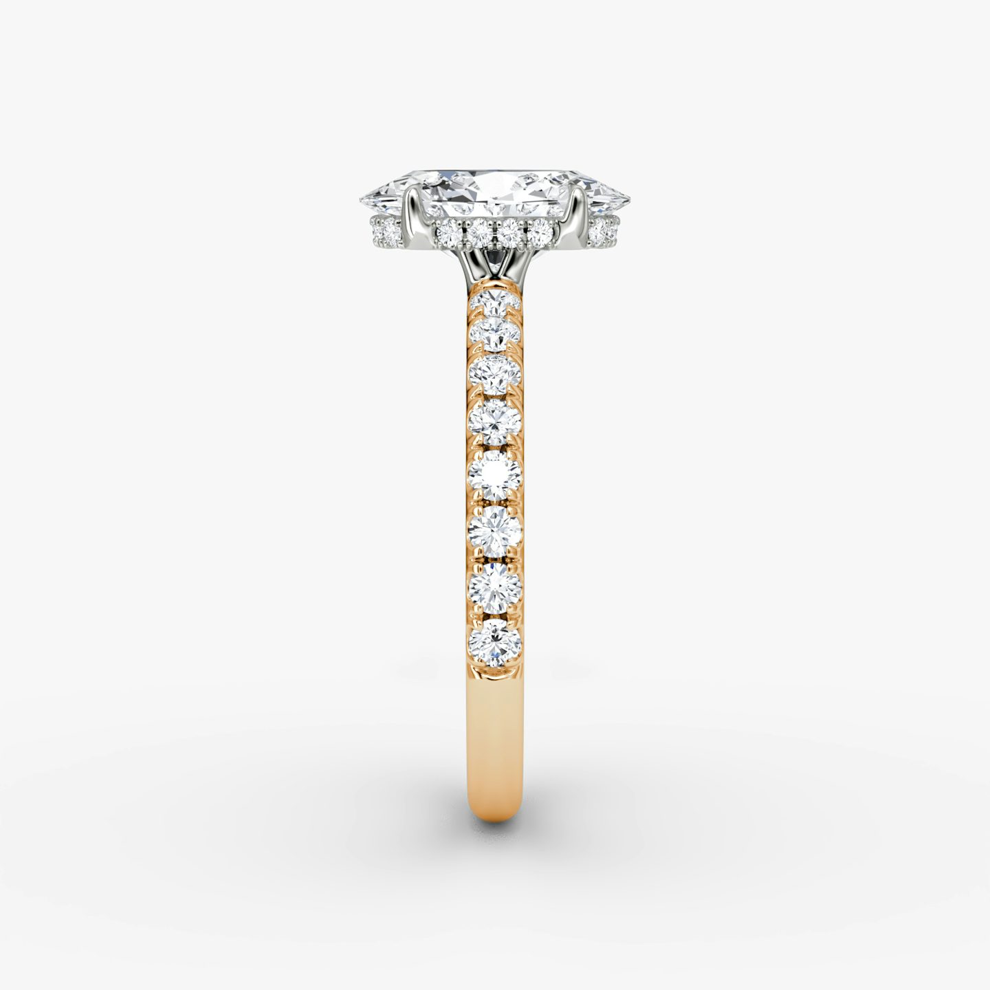 The Signature | Oval | 14k | Rose Gold and Platinum | bandAccent: Pavé | bandWidth: large | hiddenHalo: yes | diamondOrientation: vertical | caratWeight: other