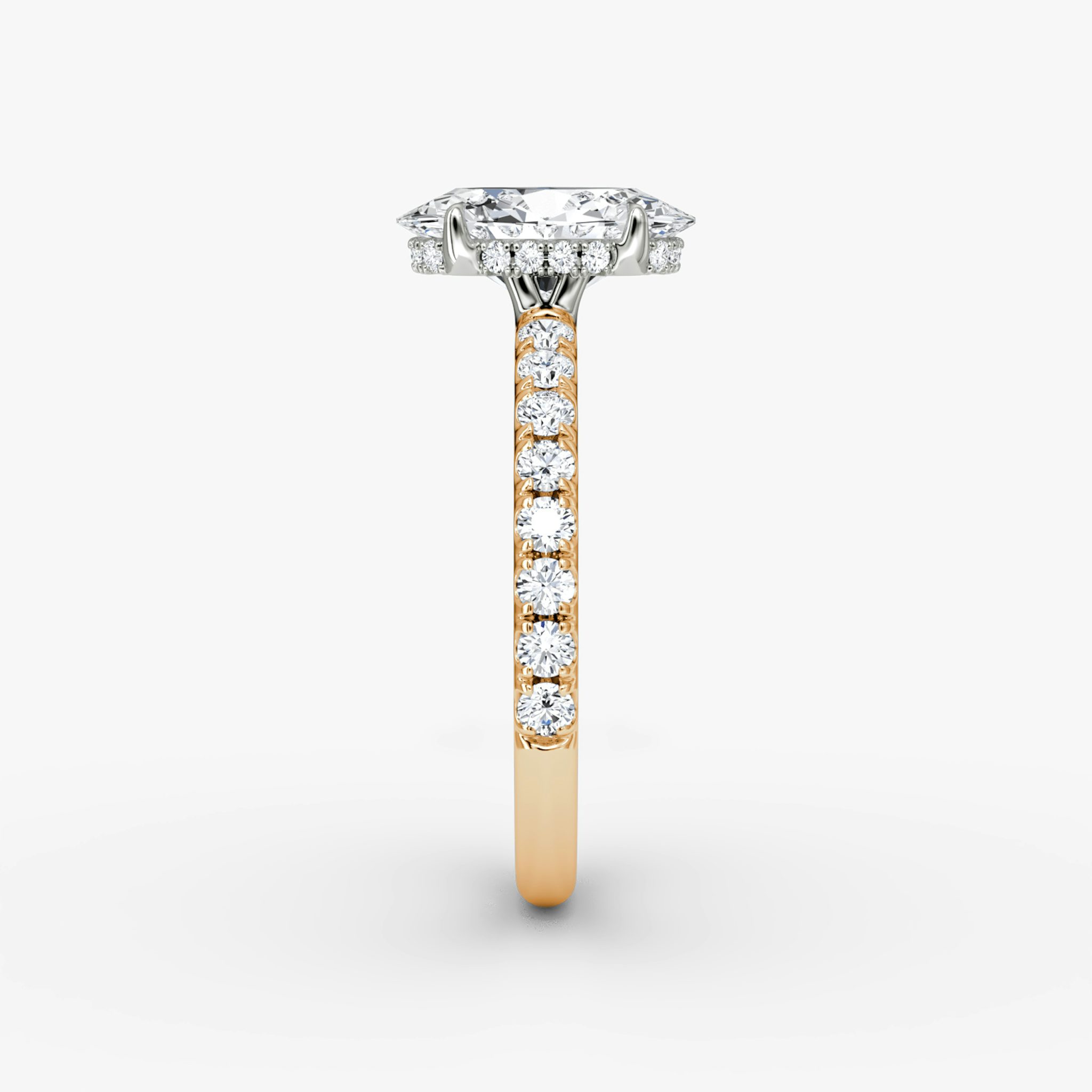 The Signature | Oval | 14k | Rose Gold and Platinum | bandAccent: Pavé | bandWidth: large | hiddenHalo: yes | diamondOrientation: vertical | caratWeight: other