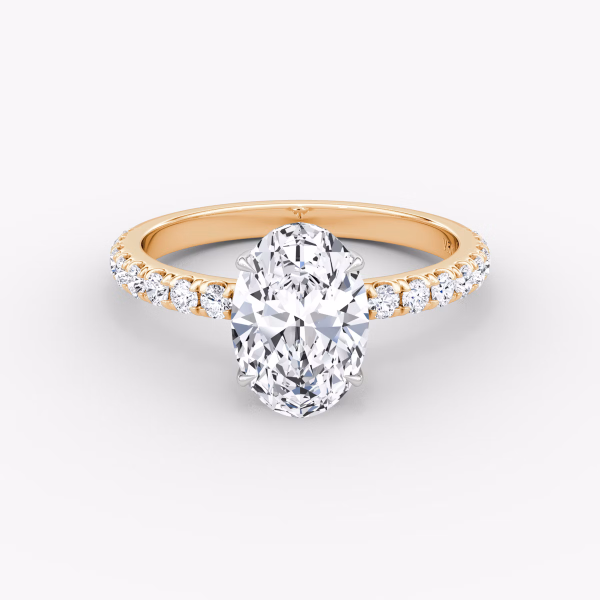The Signature | Oval | 14k | Rose Gold and Platinum | bandAccent: Pavé | bandWidth: large | hiddenHalo: yes | diamondOrientation: vertical | caratWeight: other