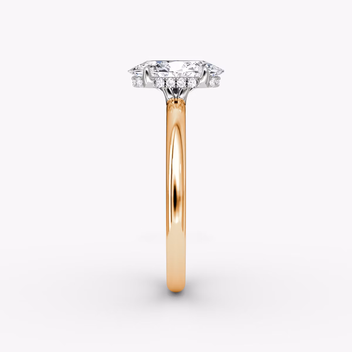 The Signature | Oval | 14k | Rose Gold and Platinum | bandAccent: Plain | bandWidth: large | hiddenHalo: yes | diamondOrientation: vertical | caratWeight: other