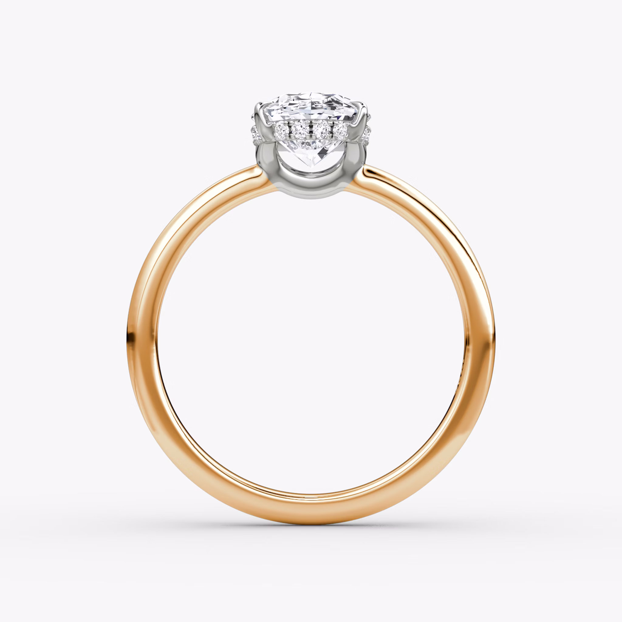 The Signature | Oval | 14k | Rose Gold and Platinum | bandAccent: Plain | bandWidth: large | hiddenHalo: yes | diamondOrientation: vertical | caratWeight: other