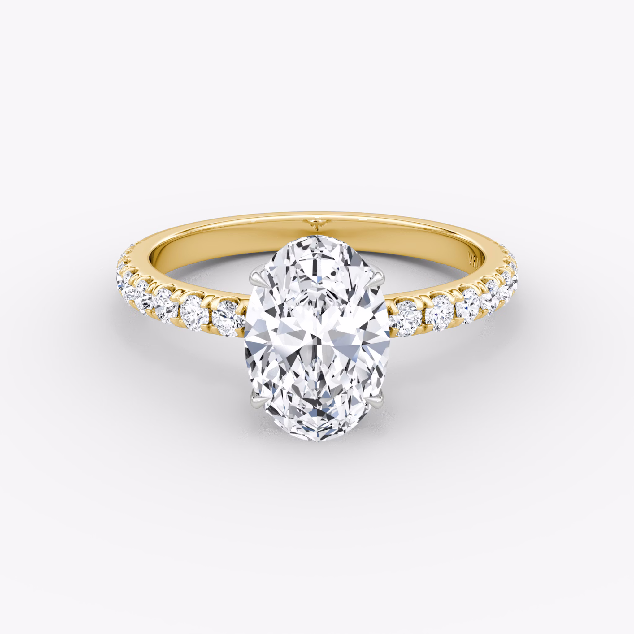 The Signature | Oval | 18k | Yellow Gold and Platinum | bandAccent: Pavé | bandWidth: large | hiddenHalo: yes | diamondOrientation: vertical | caratWeight: other
