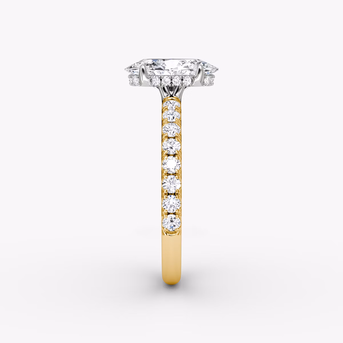 The Signature | Oval | 18k | Yellow Gold and Platinum | bandAccent: Pavé | bandWidth: large | hiddenHalo: yes | diamondOrientation: vertical | caratWeight: other
