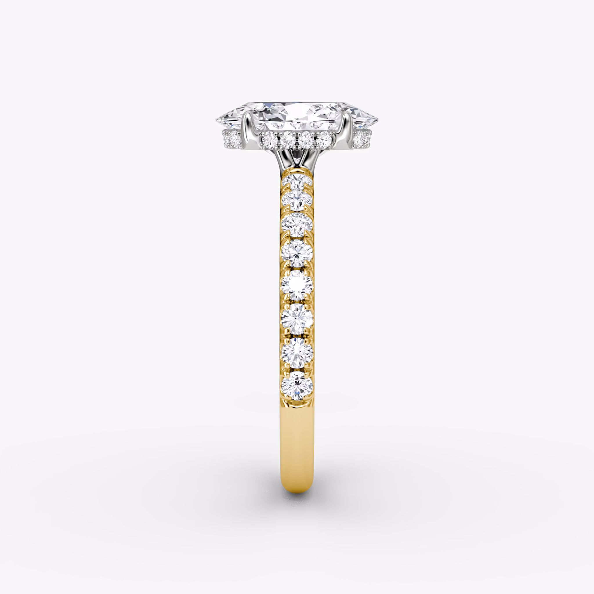 The Signature | Oval | 18k | Yellow Gold and Platinum | bandAccent: Pavé | bandWidth: large | hiddenHalo: yes | diamondOrientation: vertical | caratWeight: other