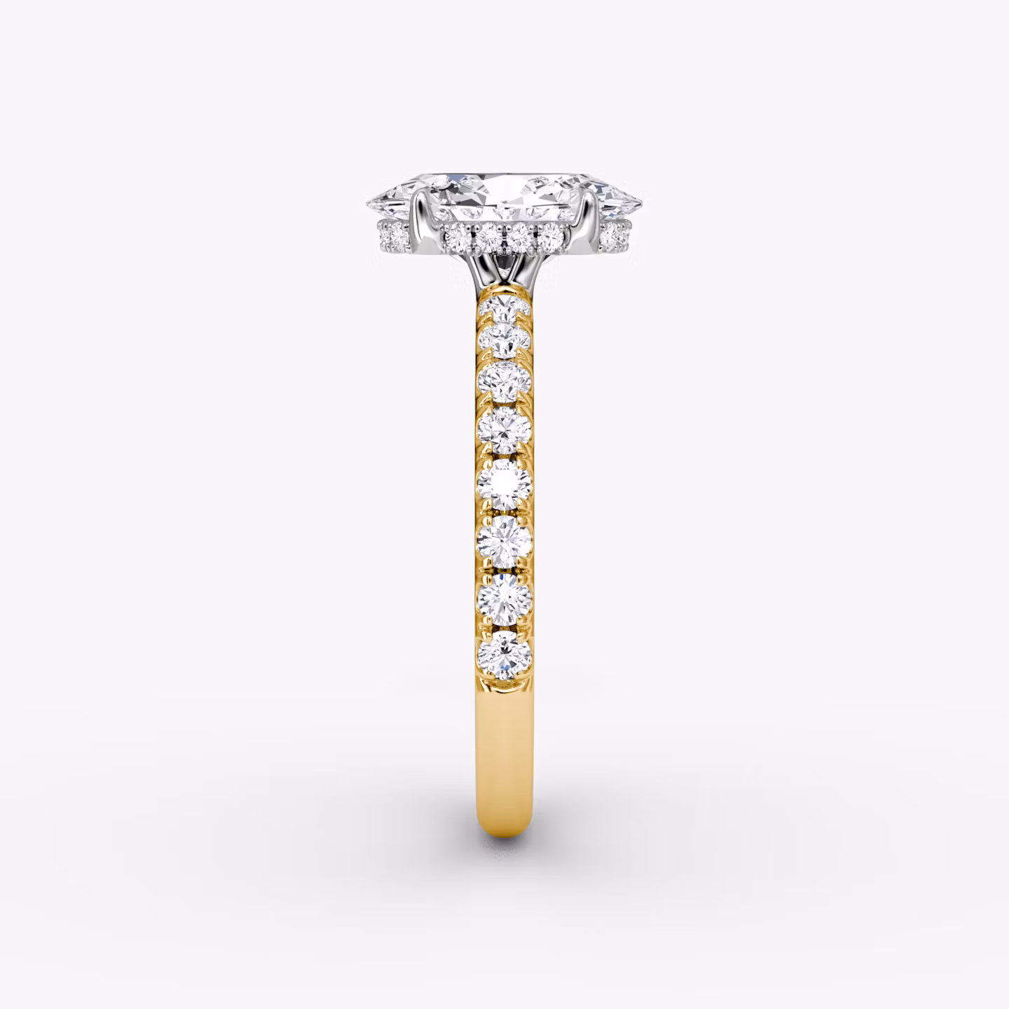 The Signature | Oval | 18k | Yellow Gold and Platinum | bandAccent: Pavé | bandWidth: large | hiddenHalo: yes | diamondOrientation: vertical | caratWeight: other