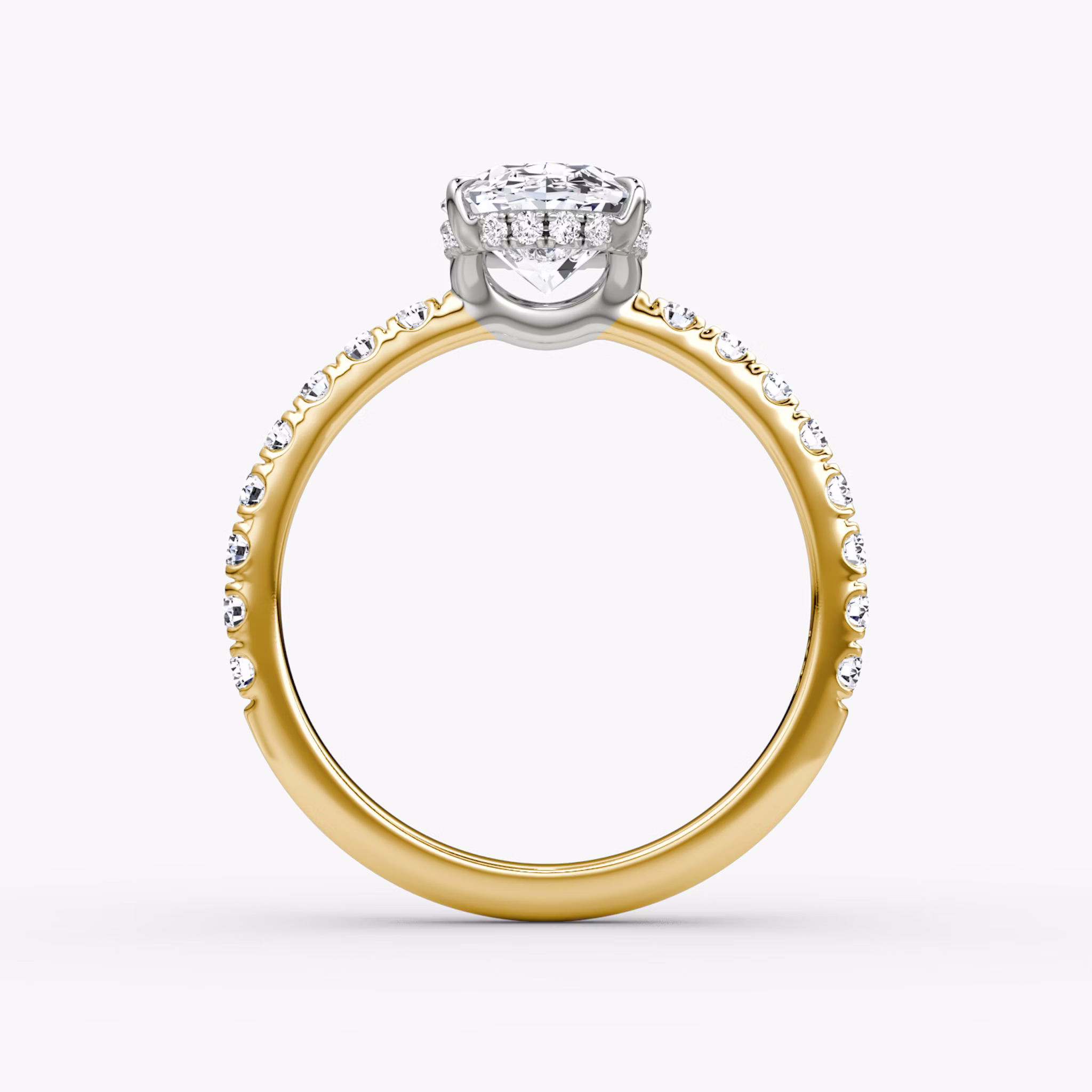 The Signature | Oval | 18k | Yellow Gold and Platinum | bandAccent: Pavé | bandWidth: large | hiddenHalo: yes | diamondOrientation: vertical | caratWeight: other