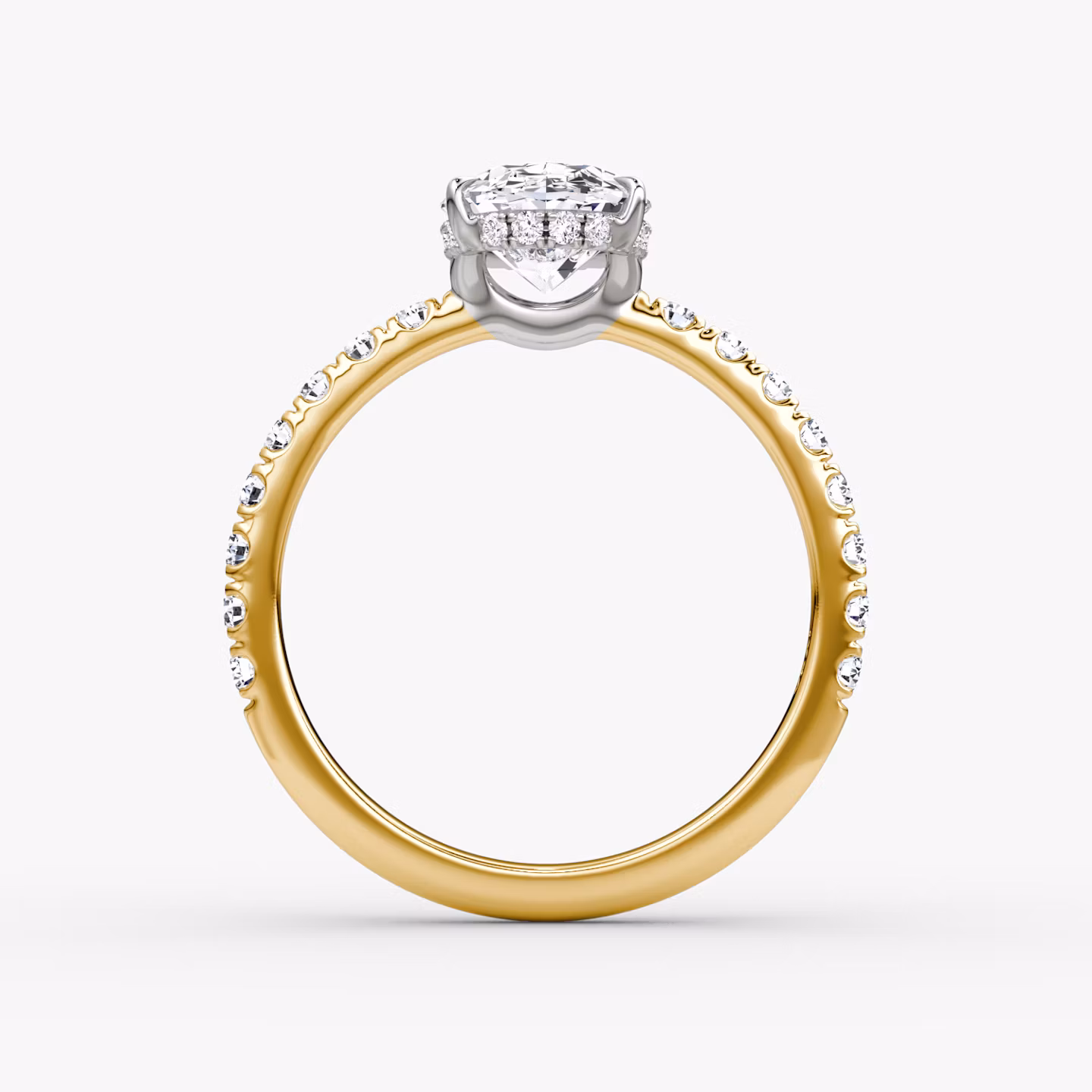 The Signature | Oval | 18k | Yellow Gold and Platinum | bandAccent: Pavé | bandWidth: large | hiddenHalo: yes | diamondOrientation: vertical | caratWeight: other