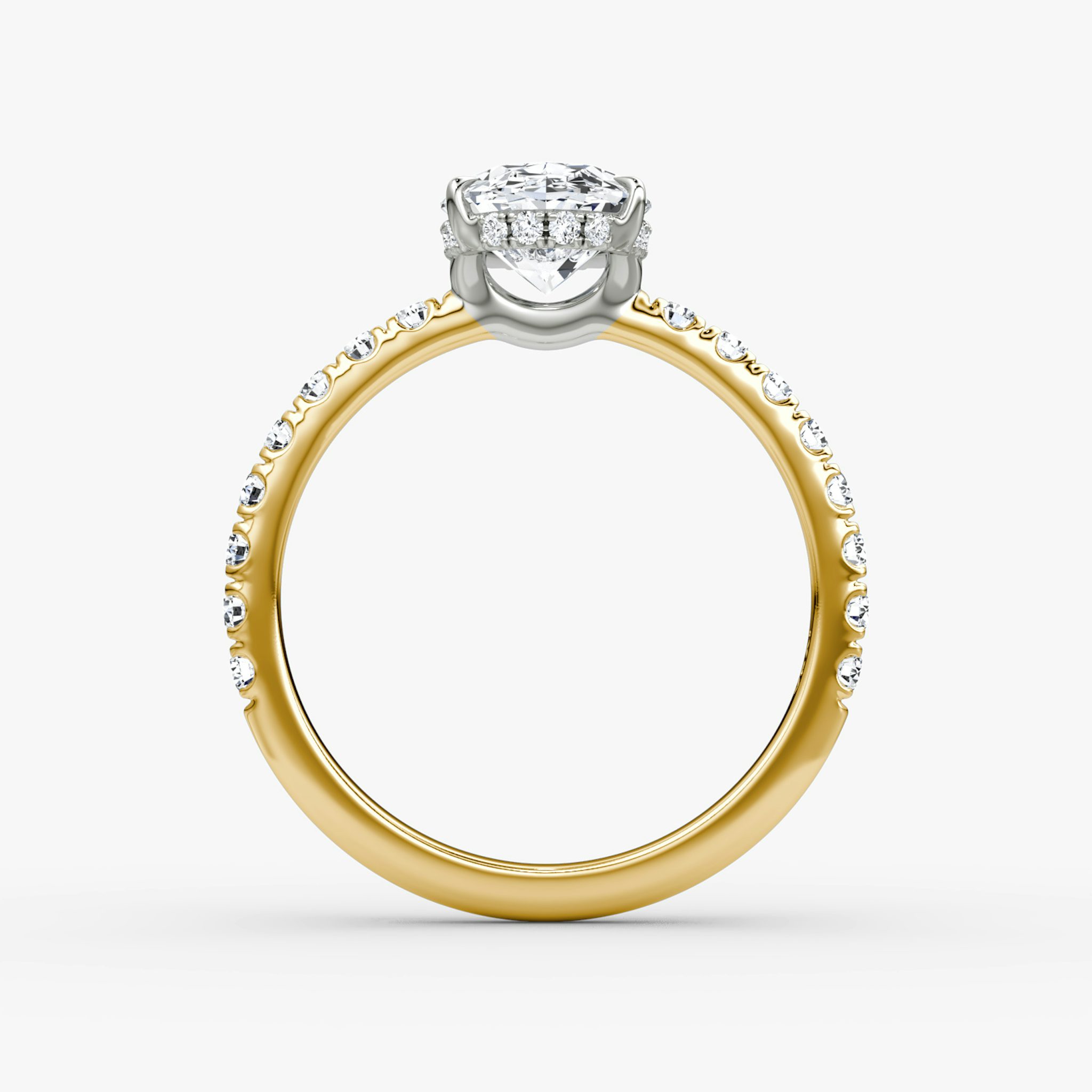 The Signature | Oval | 18k | Yellow Gold and Platinum | bandAccent: Pavé | bandWidth: large | hiddenHalo: yes | diamondOrientation: vertical | caratWeight: other