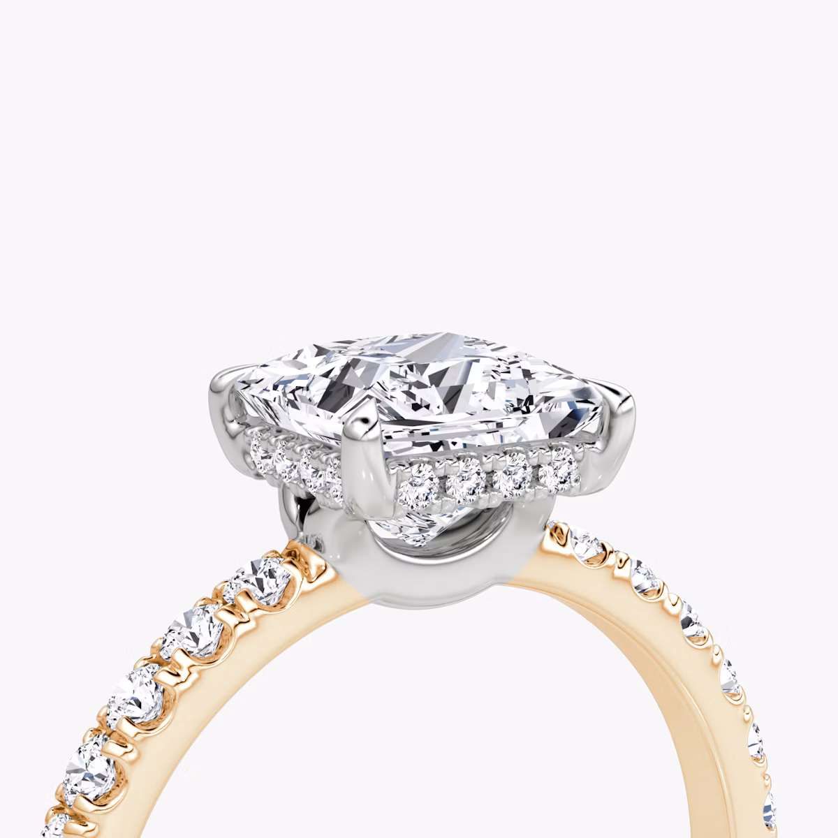 The Signature | Princess | 14k | Rose Gold and Platinum | bandAccent: Pavé | bandWidth: large | hiddenHalo: yes | diamondOrientation: horizontal | caratWeight: other