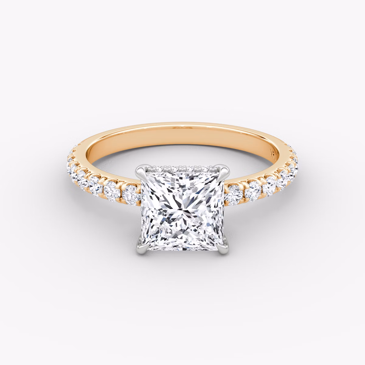 The Signature | Princess | 14k | Rose Gold and Platinum | bandAccent: Pavé | bandWidth: large | hiddenHalo: yes | diamondOrientation: horizontal | caratWeight: other