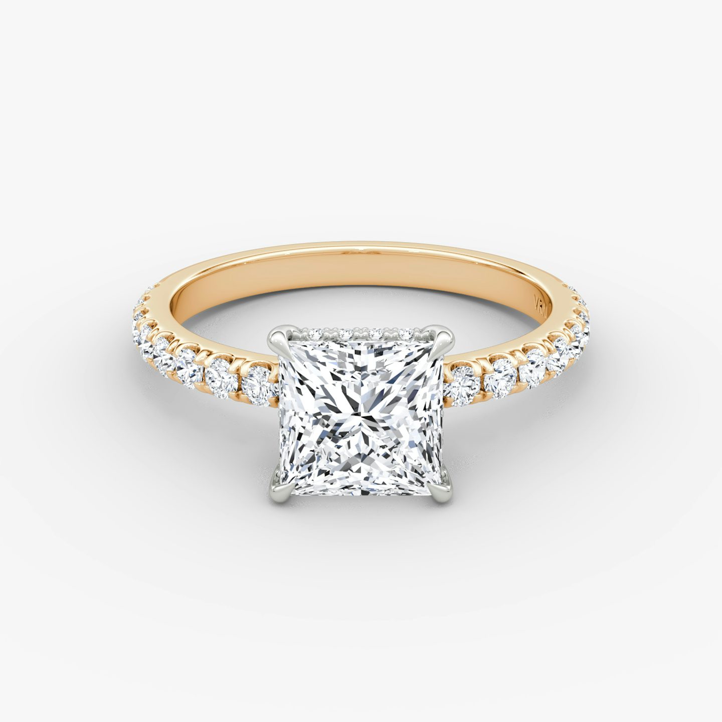 The Signature | Princess | 14k | Rose Gold and Platinum | bandAccent: Pavé | bandWidth: large | hiddenHalo: yes | diamondOrientation: vertical | caratWeight: other