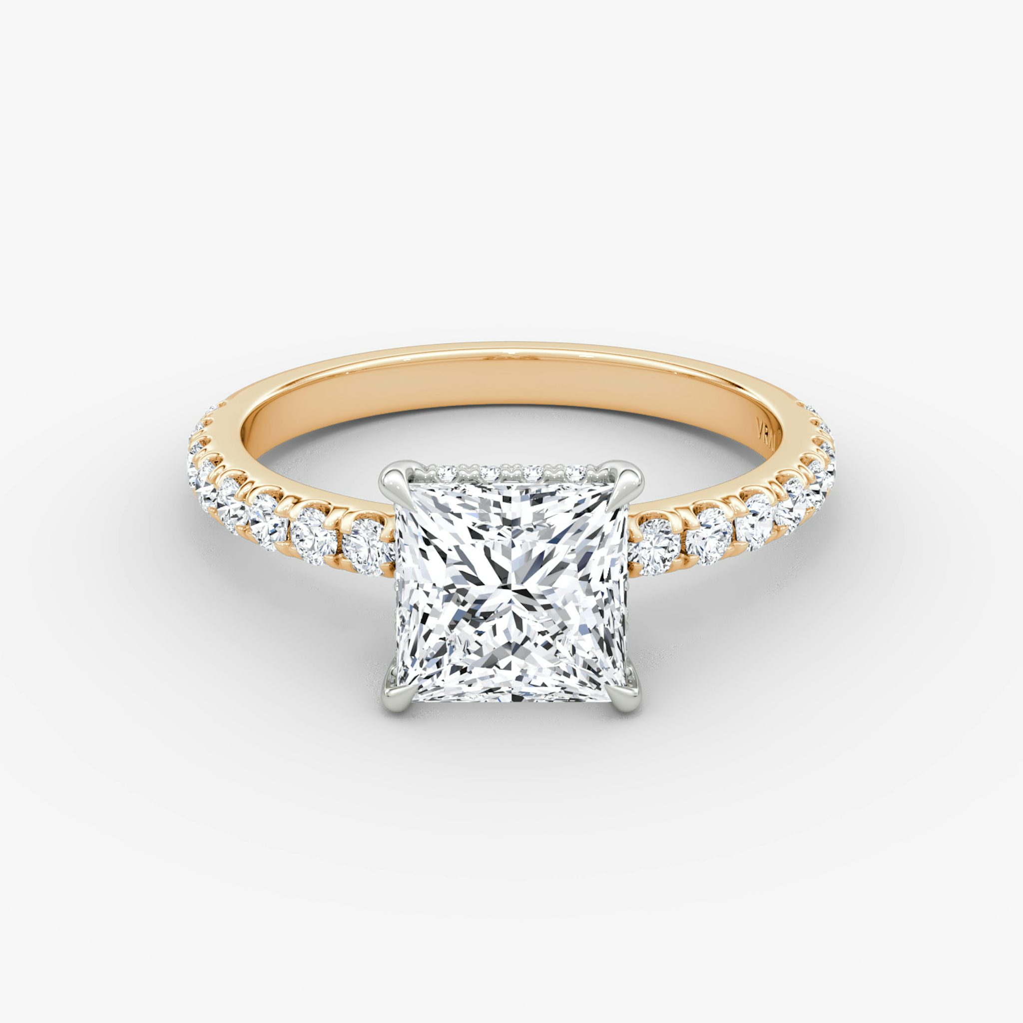 The Signature | Princess | 14k | Rose Gold and Platinum | bandAccent: Pavé | bandWidth: large | hiddenHalo: yes | diamondOrientation: vertical | caratWeight: other