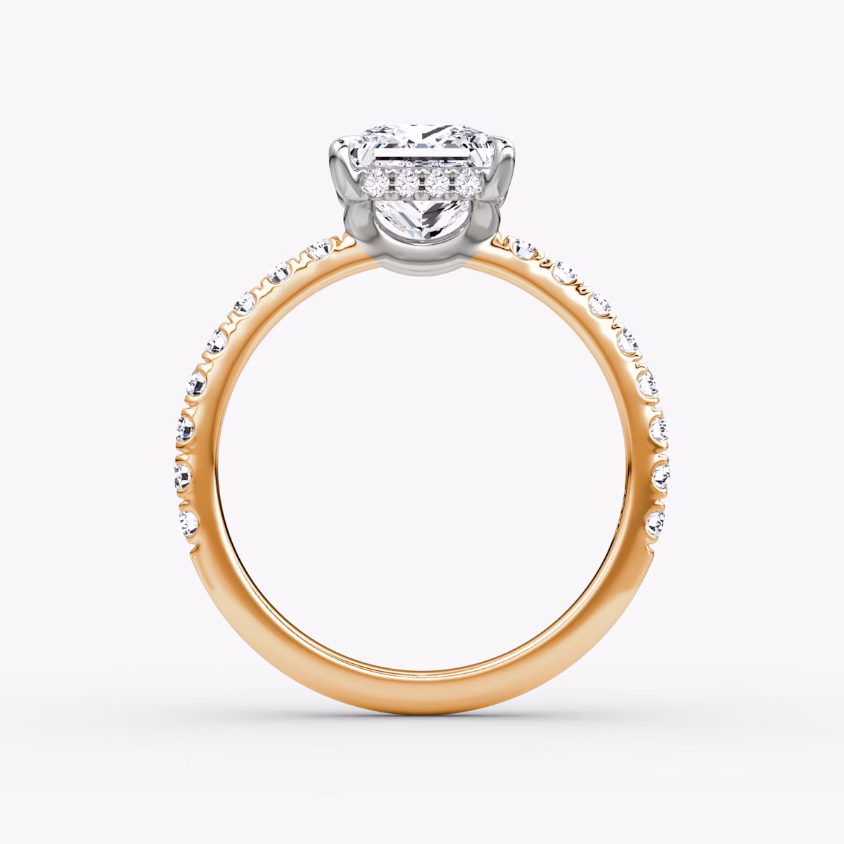 The Signature | Princess | 14k | Rose Gold and Platinum | bandAccent: Pavé | bandWidth: large | hiddenHalo: yes | diamondOrientation: horizontal | caratWeight: other
