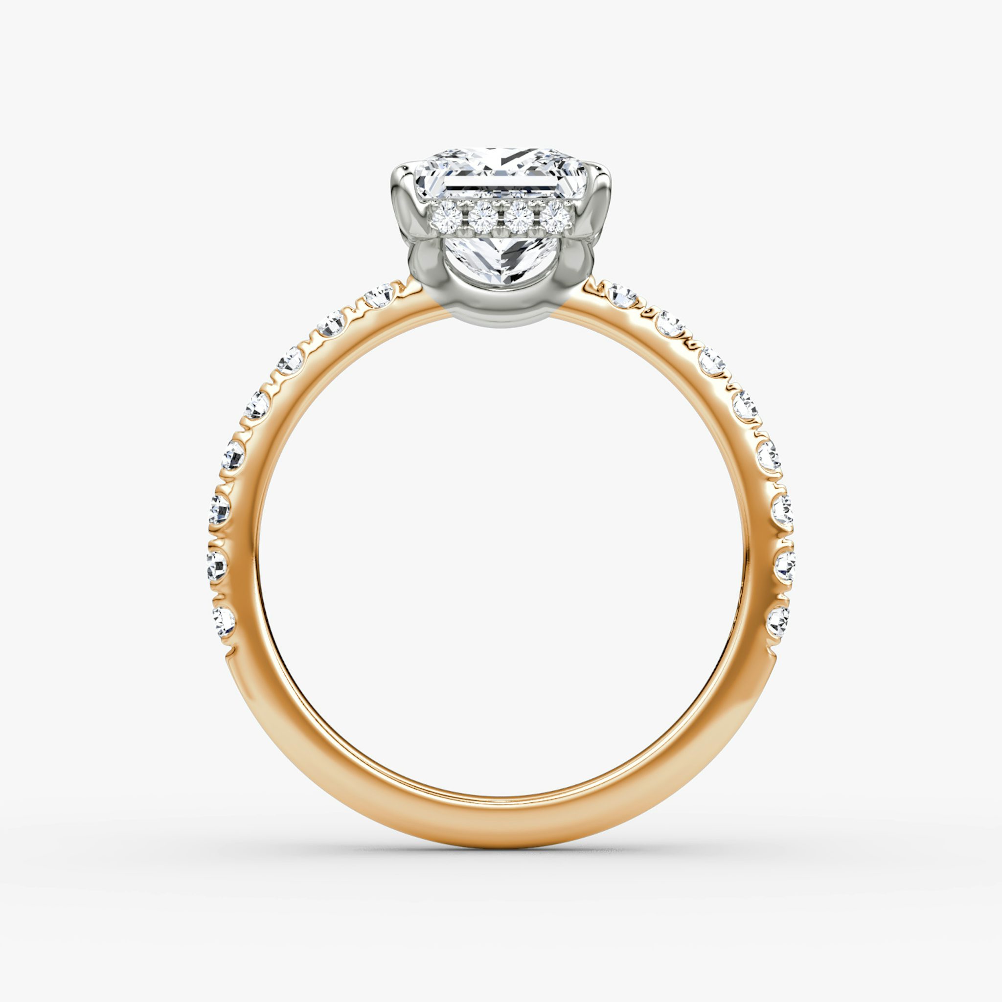 The Signature | Princess | 14k | Rose Gold and Platinum | bandAccent: Pavé | bandWidth: large | hiddenHalo: yes | diamondOrientation: vertical | caratWeight: other
