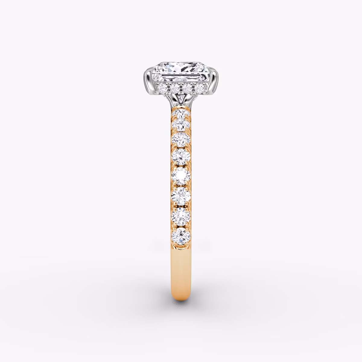 The Signature | Princess | 14k | Rose Gold and Platinum | bandAccent: Pavé | bandWidth: large | hiddenHalo: yes | diamondOrientation: horizontal | caratWeight: other