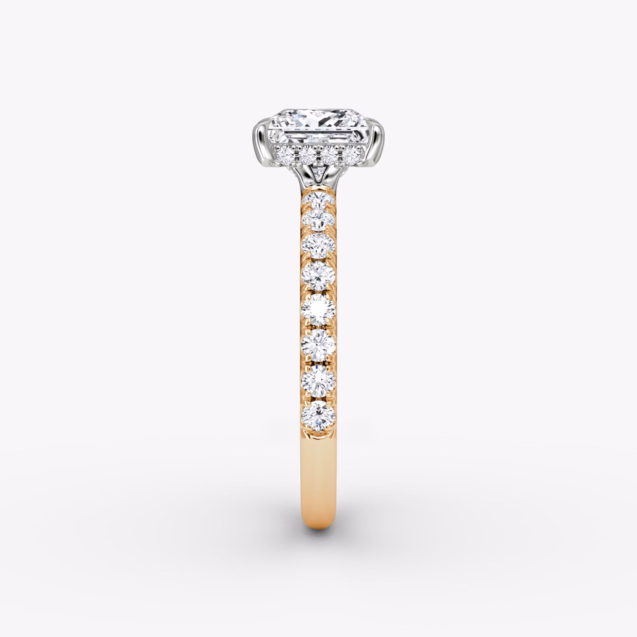 The Signature | Princess | 14k | Rose Gold and Platinum | bandAccent: Pavé | bandWidth: large | hiddenHalo: yes | diamondOrientation: vertical | caratWeight: other