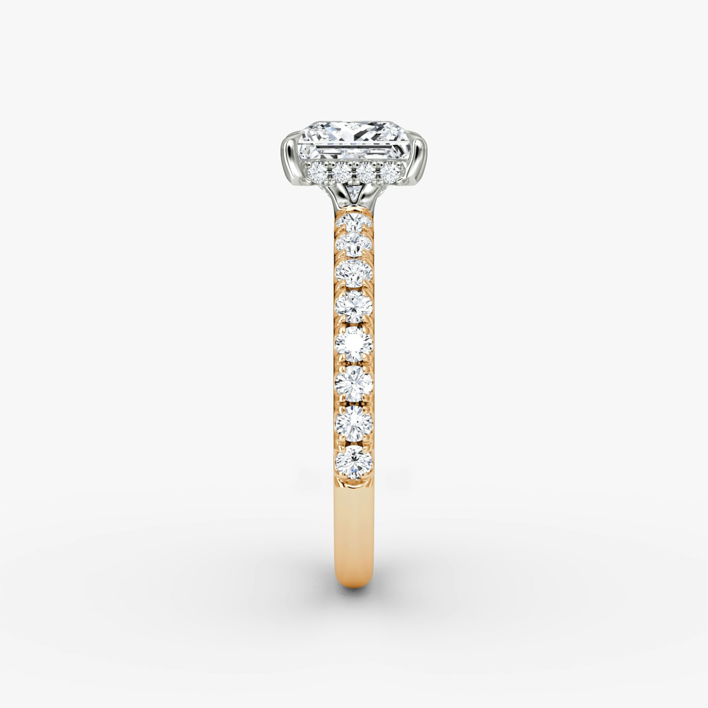 The Signature | Princess | 14k | Rose Gold and Platinum | bandAccent: Pavé | bandWidth: large | hiddenHalo: yes | diamondOrientation: vertical | caratWeight: other
