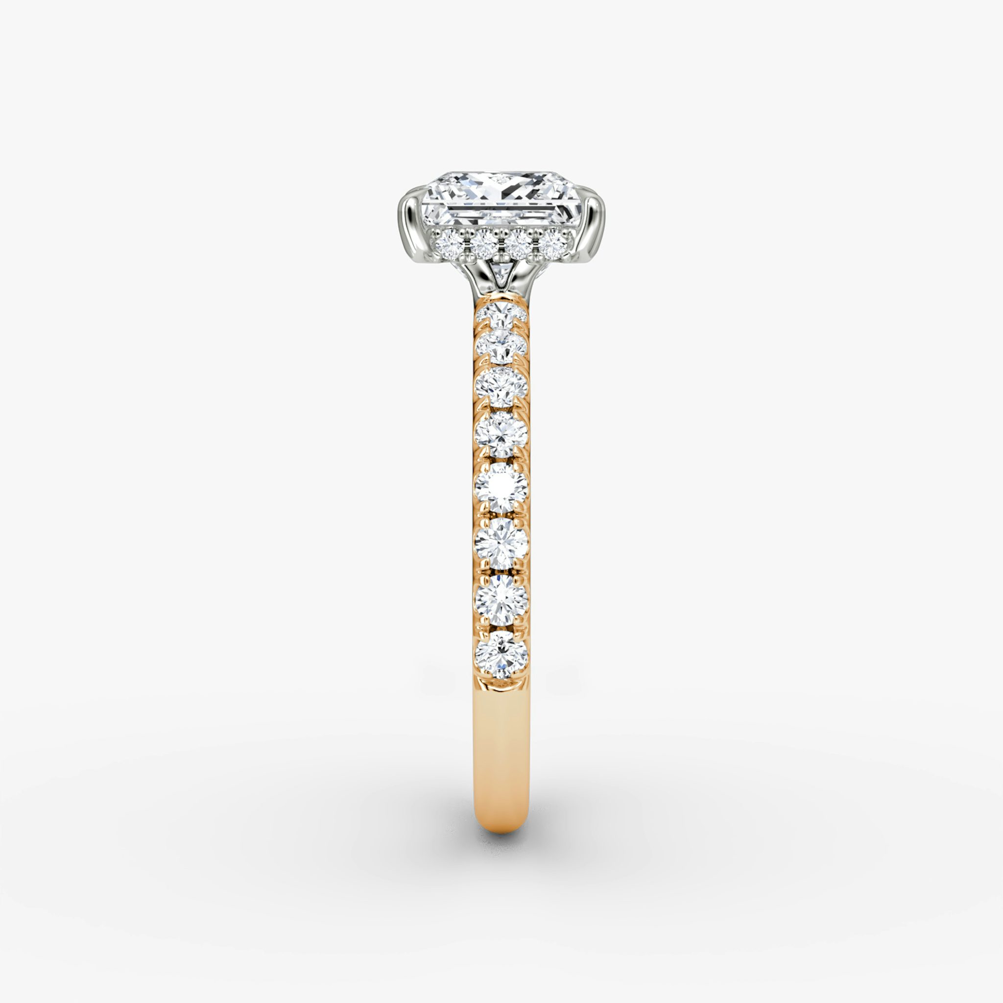 The Signature | Princess | 14k | Rose Gold and Platinum | bandAccent: Pavé | bandWidth: large | hiddenHalo: yes | diamondOrientation: vertical | caratWeight: other