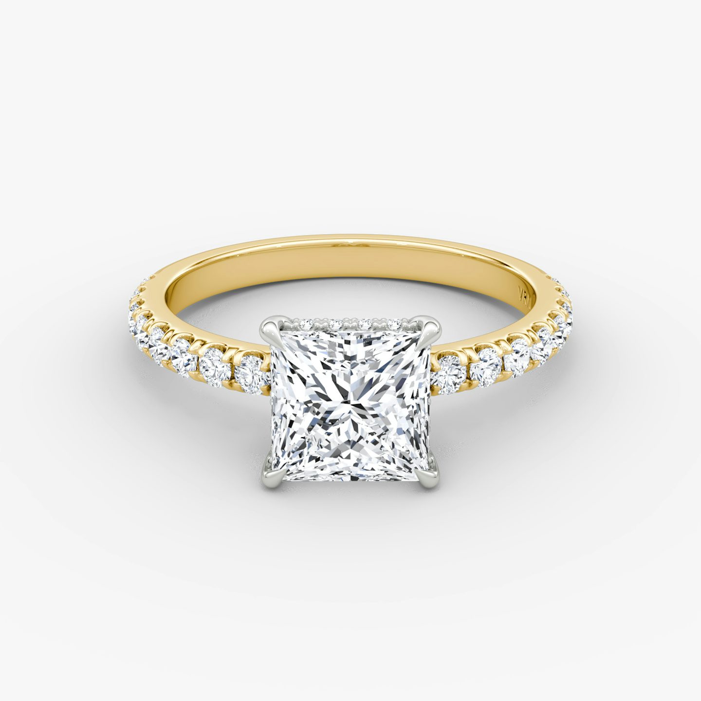 The Signature | Princess | 18k | Yellow Gold and Platinum | bandAccent: Pavé | bandWidth: large | hiddenHalo: yes | diamondOrientation: vertical | caratWeight: other
