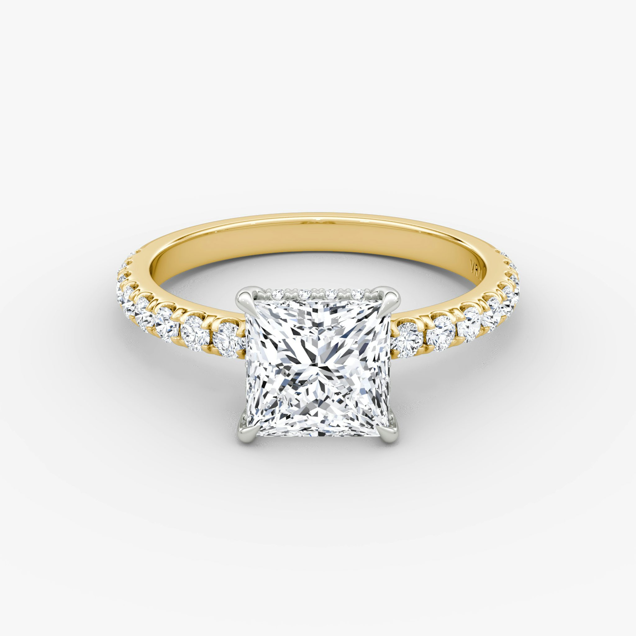 The Signature | Princess | 18k | Yellow Gold and Platinum | bandAccent: Pavé | bandWidth: large | hiddenHalo: yes | diamondOrientation: vertical | caratWeight: other