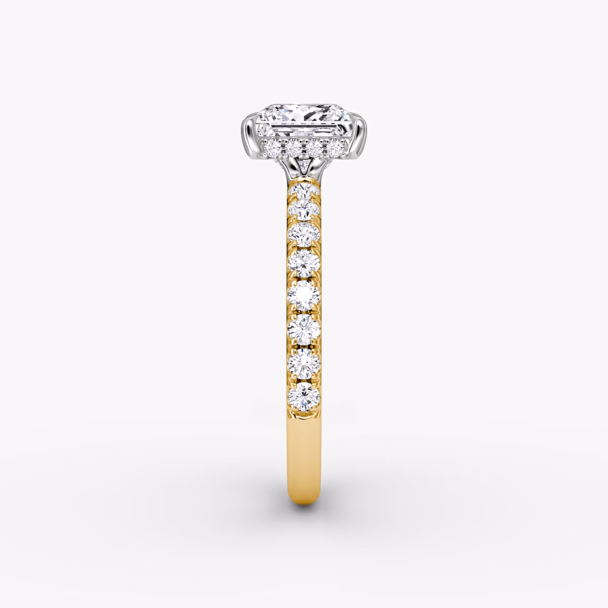 The Signature | Princess | 18k | Yellow Gold and Platinum | bandAccent: Pavé | bandWidth: large | hiddenHalo: yes | diamondOrientation: vertical | caratWeight: other