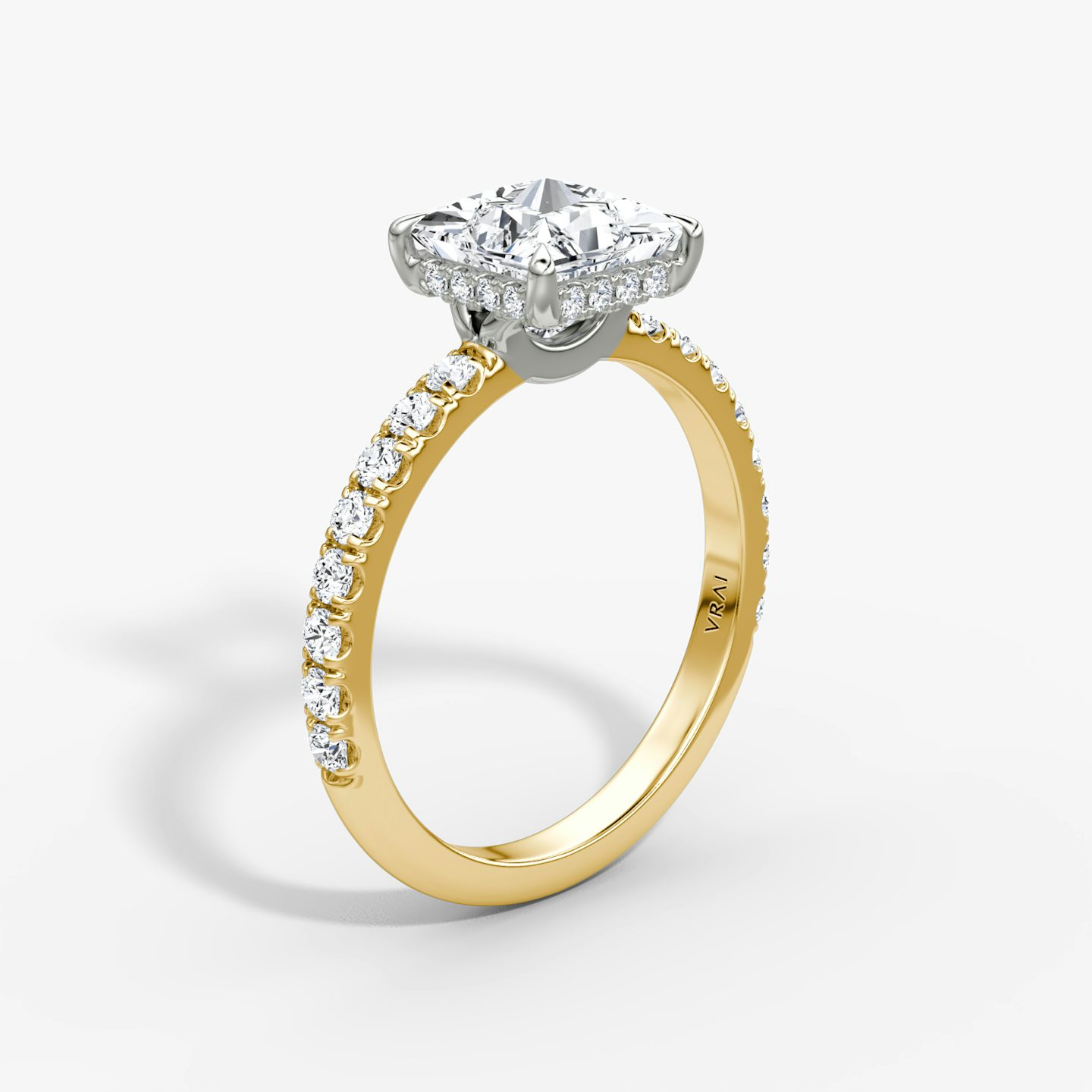 The Signature | Princess | 18k | Yellow Gold and Platinum | bandAccent: Pavé | bandWidth: large | hiddenHalo: yes | diamondOrientation: vertical | caratWeight: other