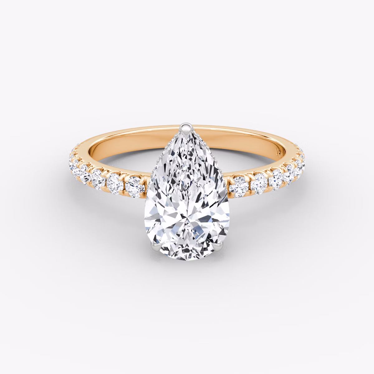 The Signature | Pear | 14k | Rose Gold and Platinum | bandAccent: Pavé | bandWidth: large | hiddenHalo: yes | diamondOrientation: vertical | caratWeight: other