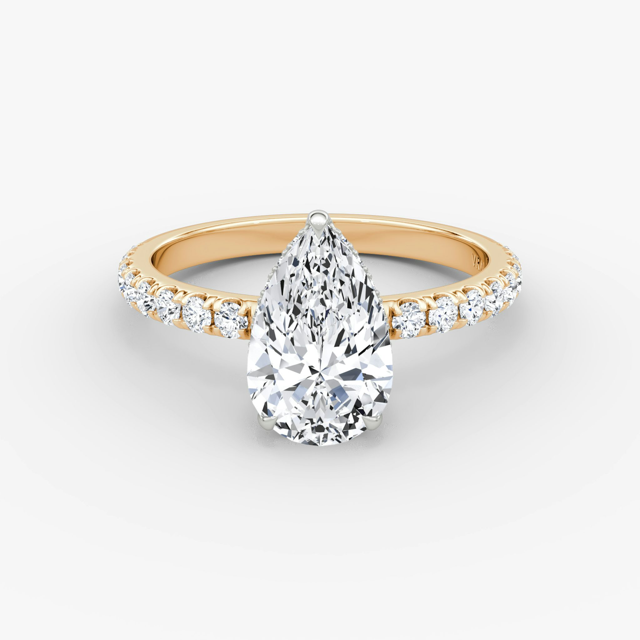 The Signature | Pear | 14k | Rose Gold and Platinum | bandAccent: Pavé | bandWidth: large | hiddenHalo: yes | diamondOrientation: vertical | caratWeight: other