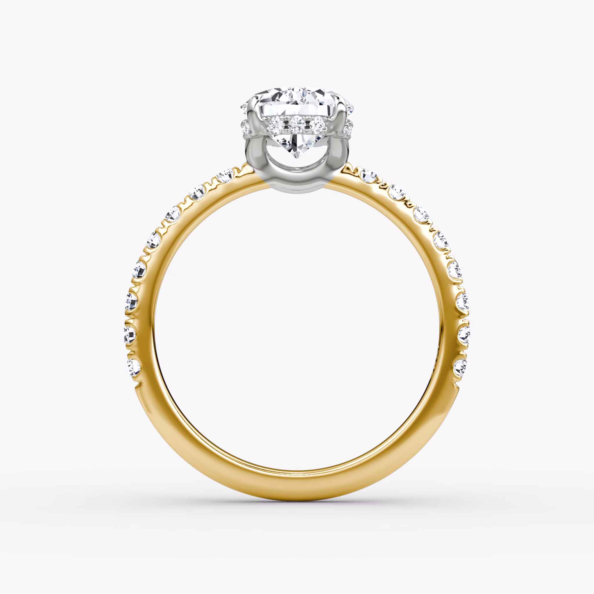 The Signature | Pear | 18k | Yellow Gold and Platinum | bandAccent: Pavé | bandWidth: large | hiddenHalo: yes | diamondOrientation: vertical | caratWeight: other
